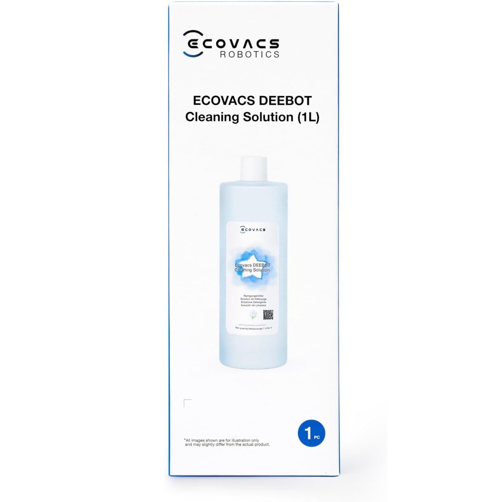 Een 1L fles ECOVACS DEEBOT reinigingsoplossing staat op een witte achtergrond.