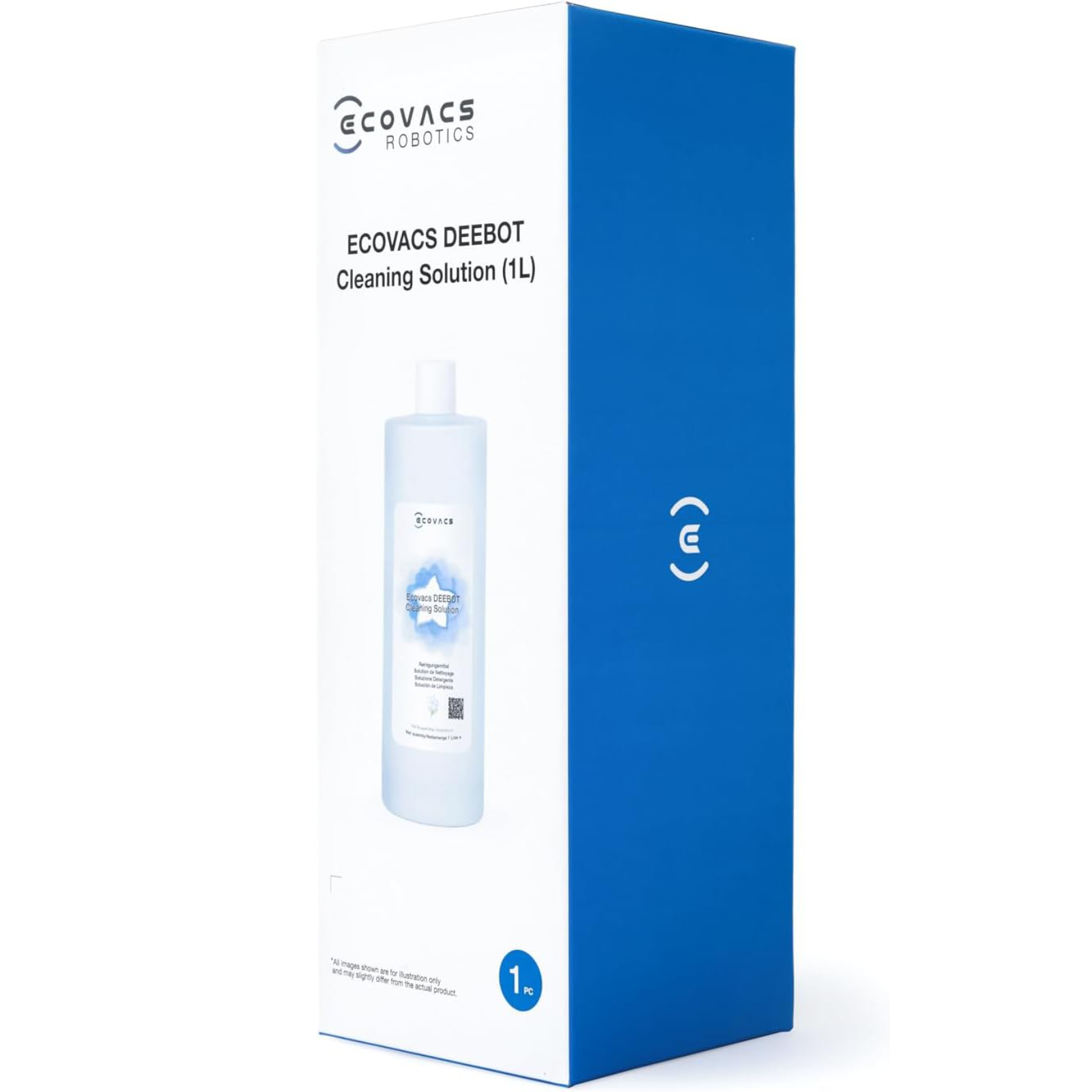 Doos met Ecovacs Deebot reinigingsoplossing (1L) en een blauw logo.