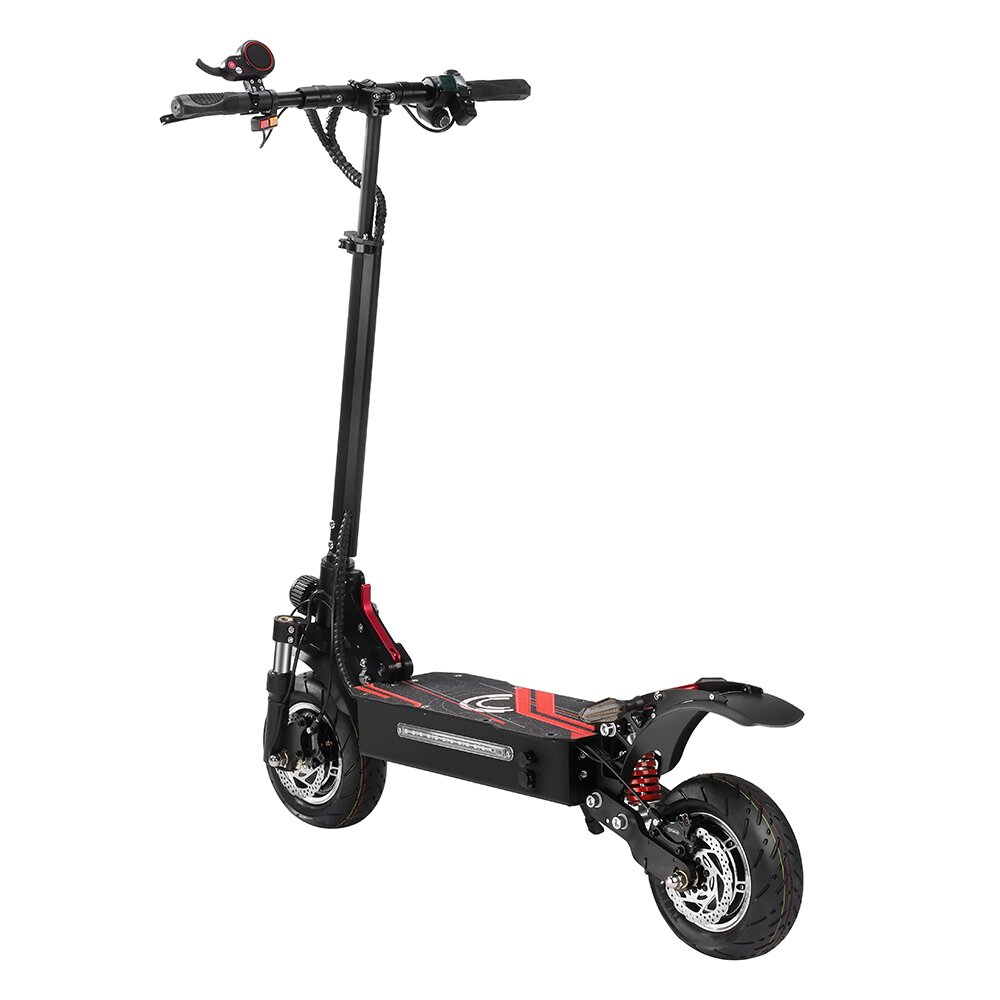 Monopattino elettrico nero con accenti rossi e pneumatici larghi.