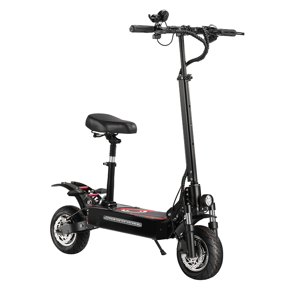 Monopattino elettrico nero con sedile, luci anteriori e posteriori e freni a disco.