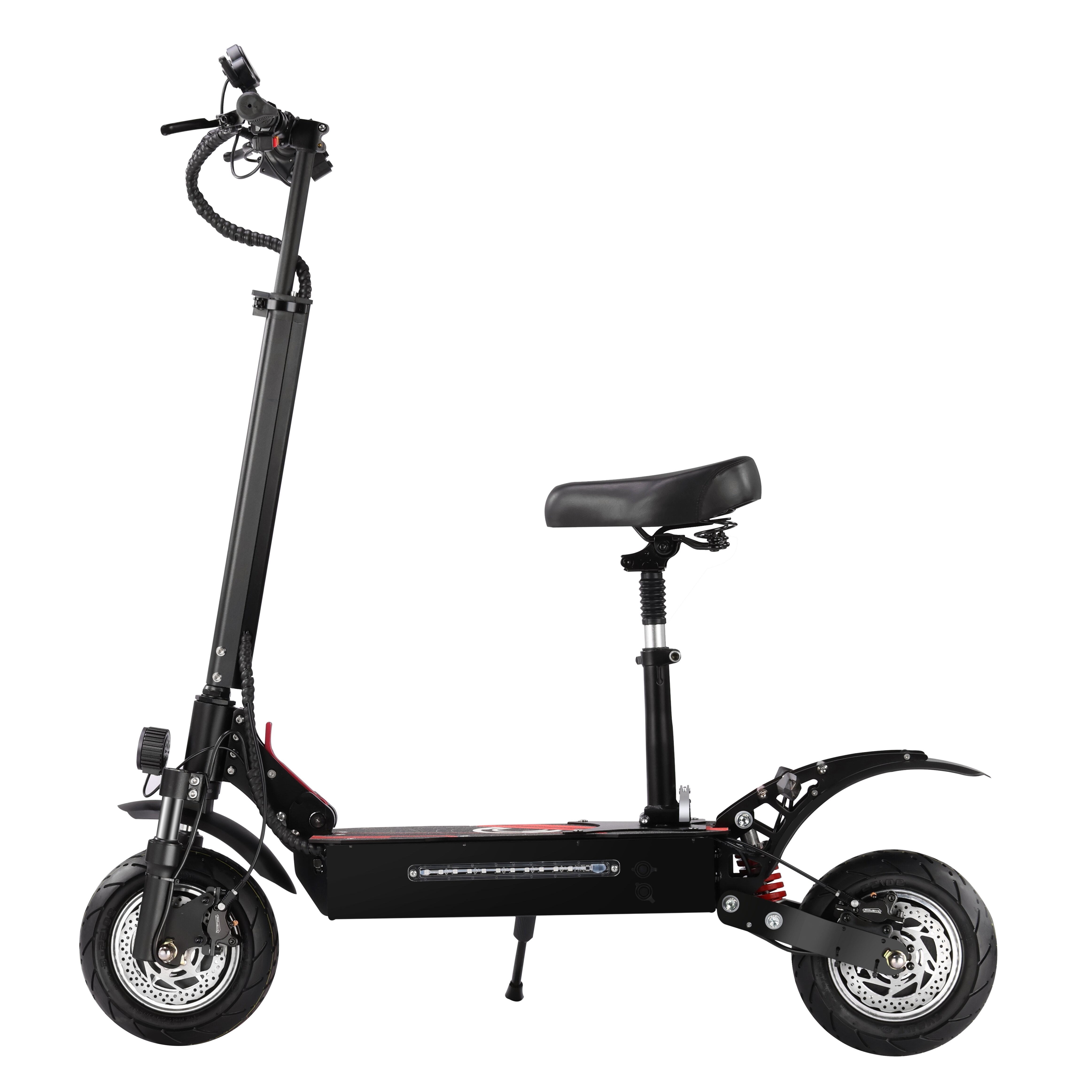 Monopattino elettrico nero con sedile, freni a disco e striscia LED.