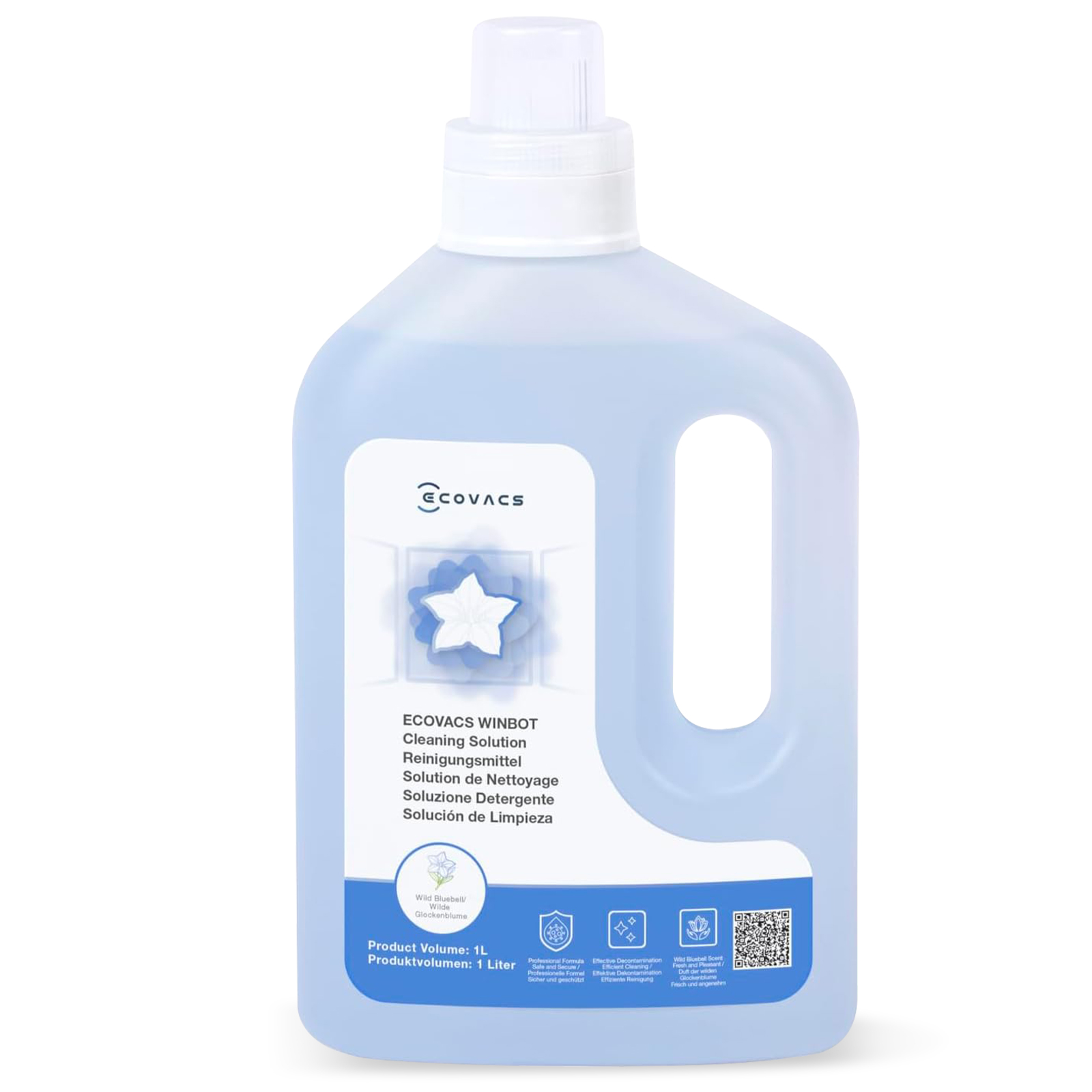 Une bouteille bleu clair avec un bouchon blanc, contenant la solution de nettoyage ECOVACS WINBOT, 1L.