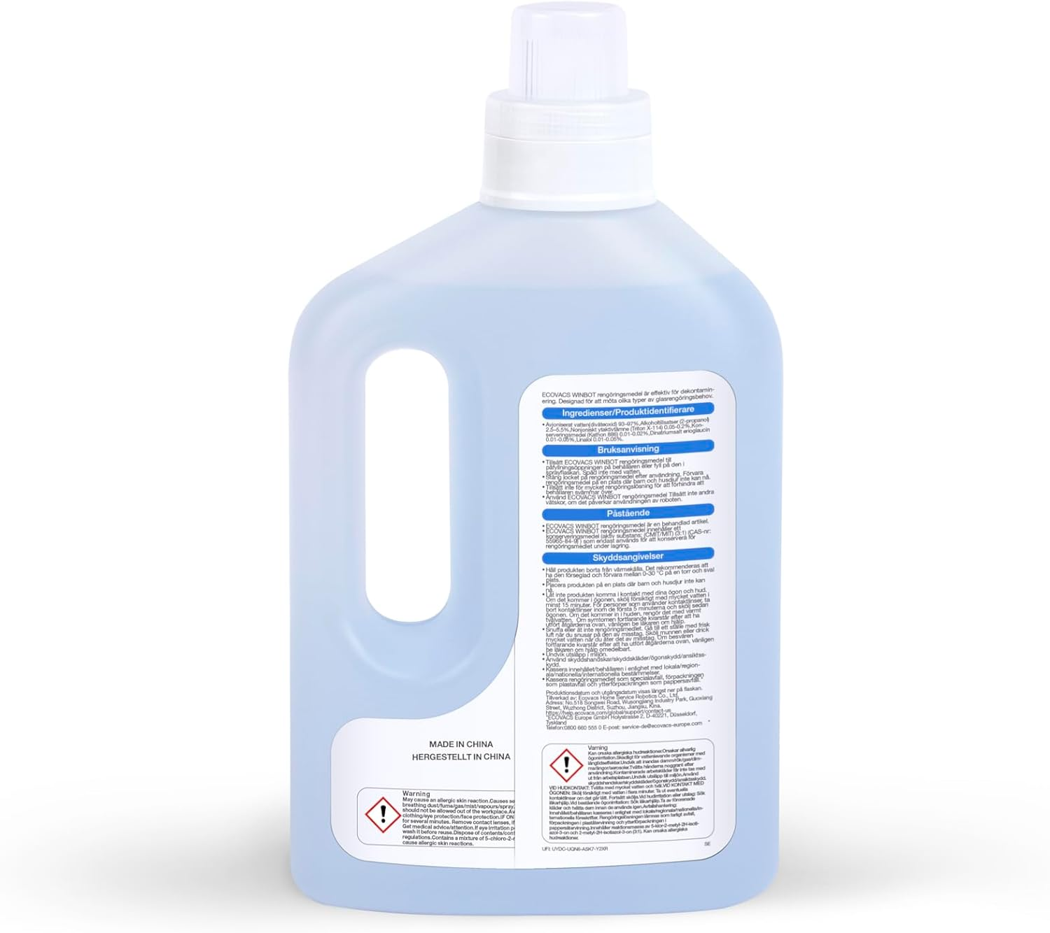 Een fles met blauwe vloeistof met een etiket met instructies en waarschuwingen.