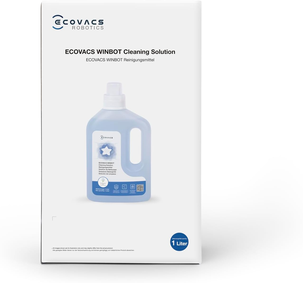 Een fles ECOVACS WINBOT Reinigingsoplossing, 1 liter.