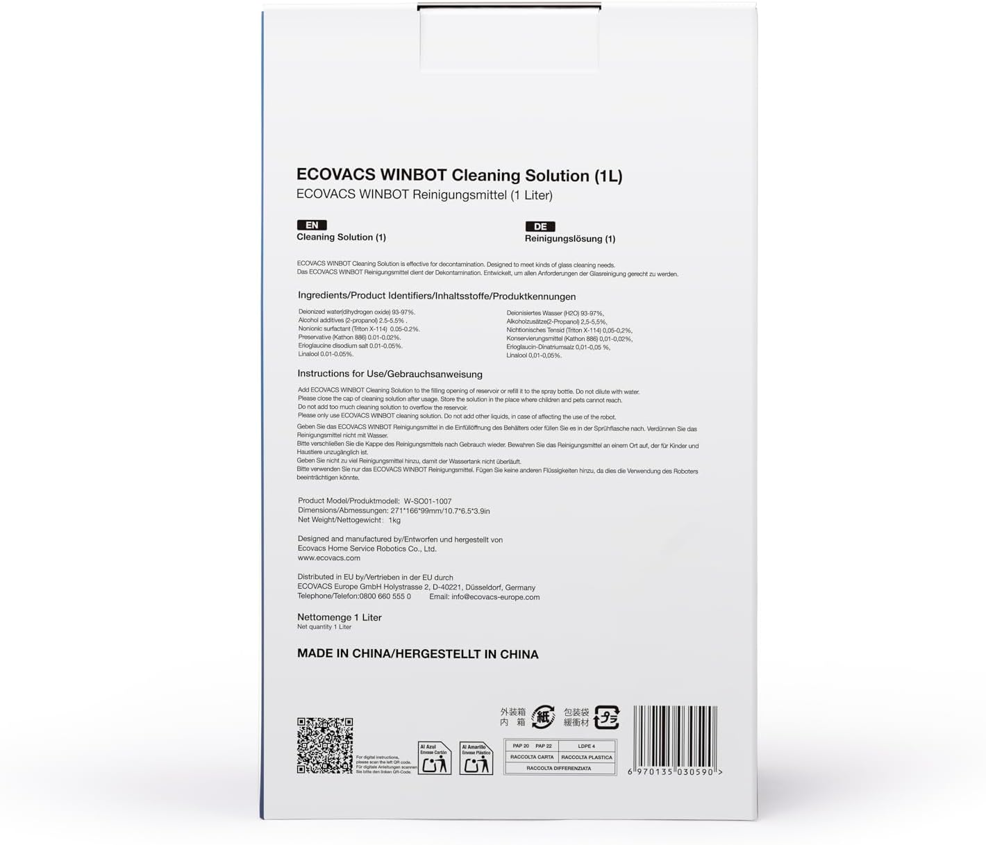 Verpakking voor ECOVACS WINBOT reiniger, 1 liter. Bevat productinfo en ingrediënten.