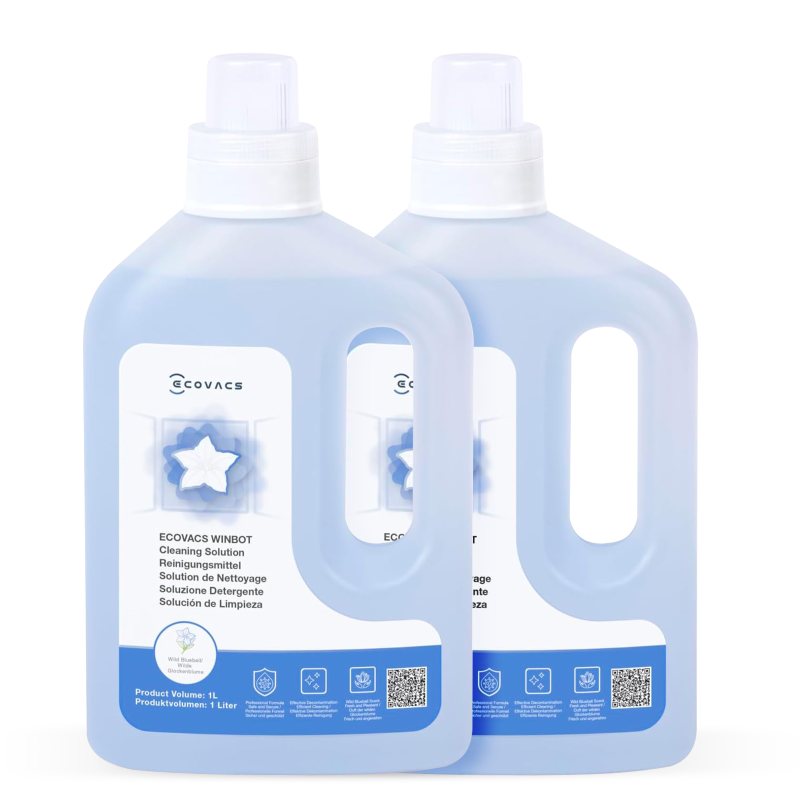 Deux bouteilles de solution de nettoyage ECOVACS WINBOT avec étiquette et poignée bleues.