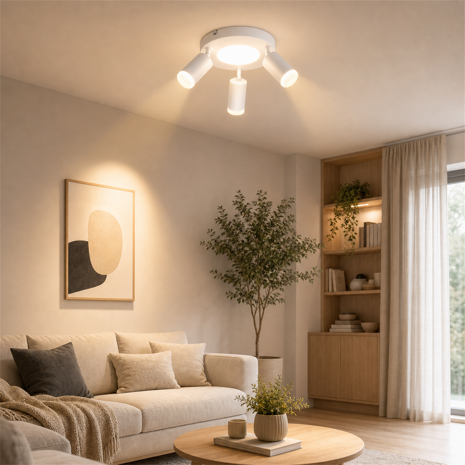 Un soggiorno con divano, tavolino, libreria e faretti a soffitto.