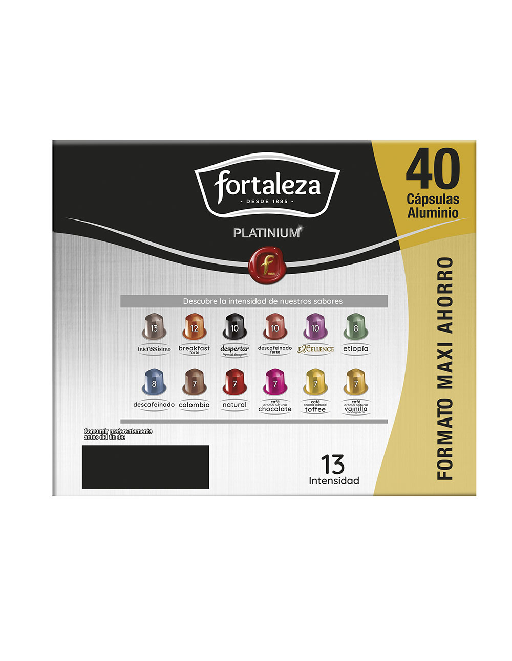 Caja de cápsulas de café Fortaleza Platinum con 40 cápsulas de aluminio, intensidad 13.