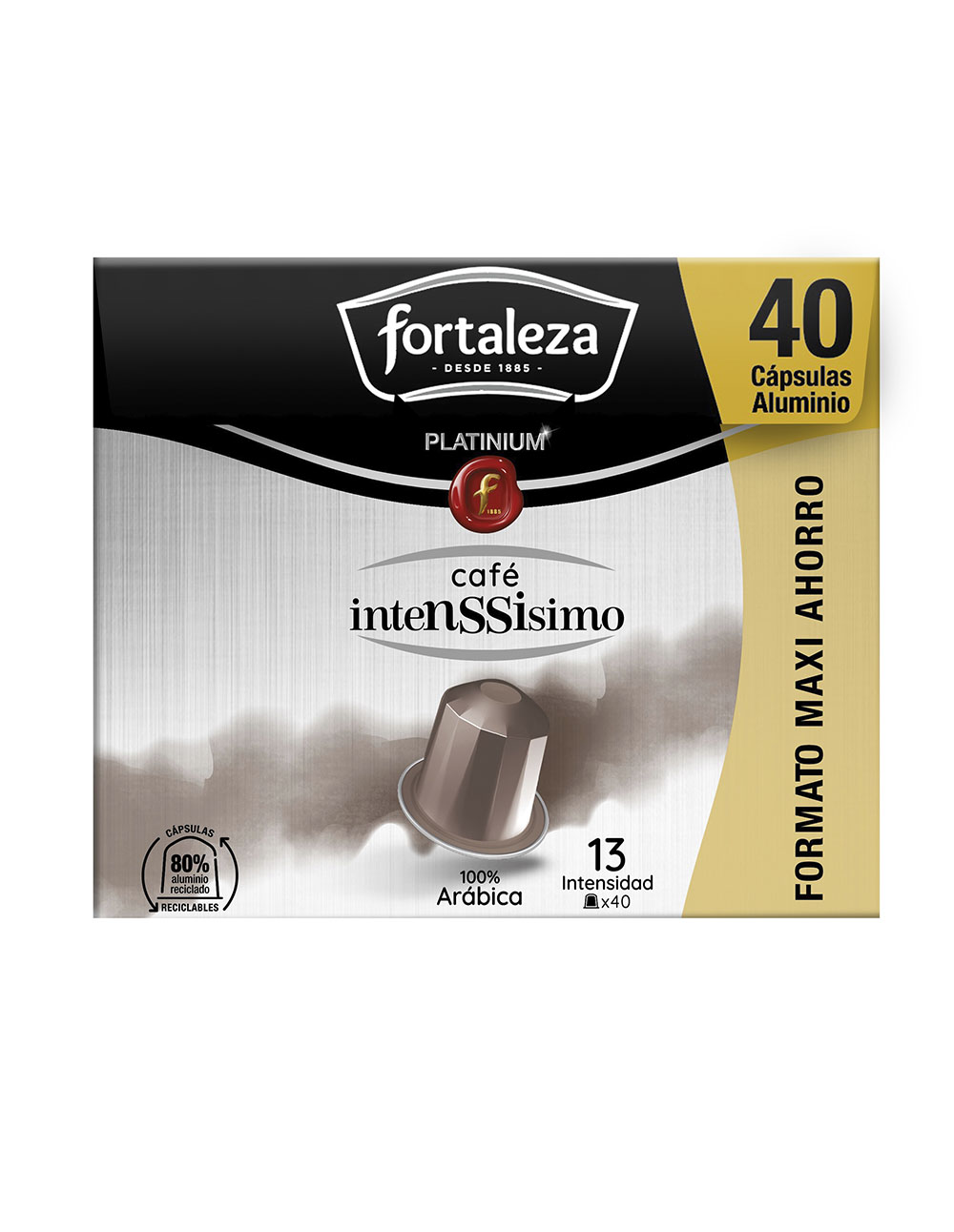 Caja de 40 cápsulas de café Fortaleza Intensissimo de aluminio.