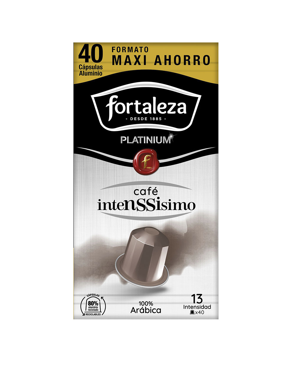 Caja de 40 cápsulas de café Fortaleza Platinium, intenso, 100% Arábica.