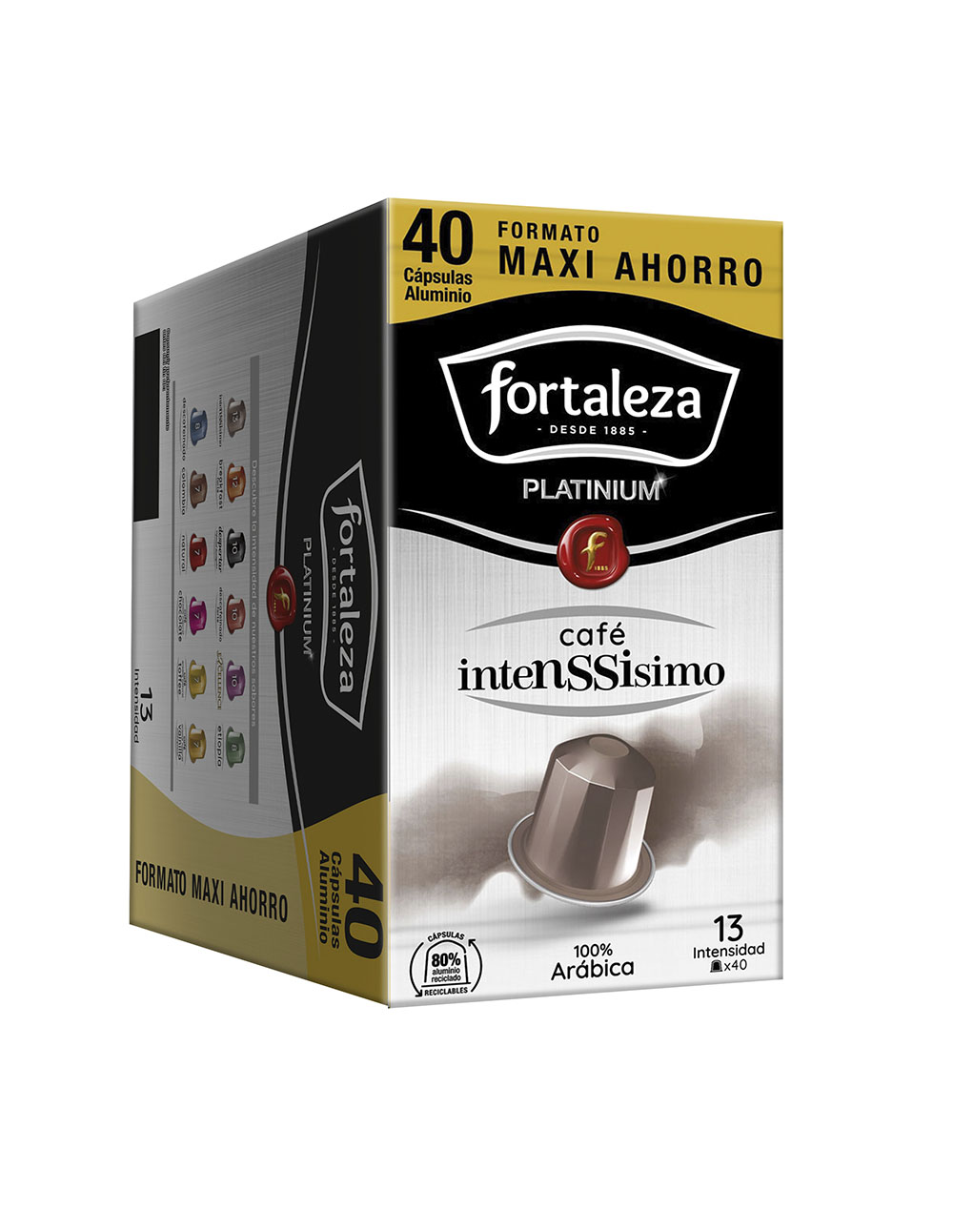 Una caja de cápsulas de café Fortaleza, 40 unidades, intensidad 13, 100% Arábica.