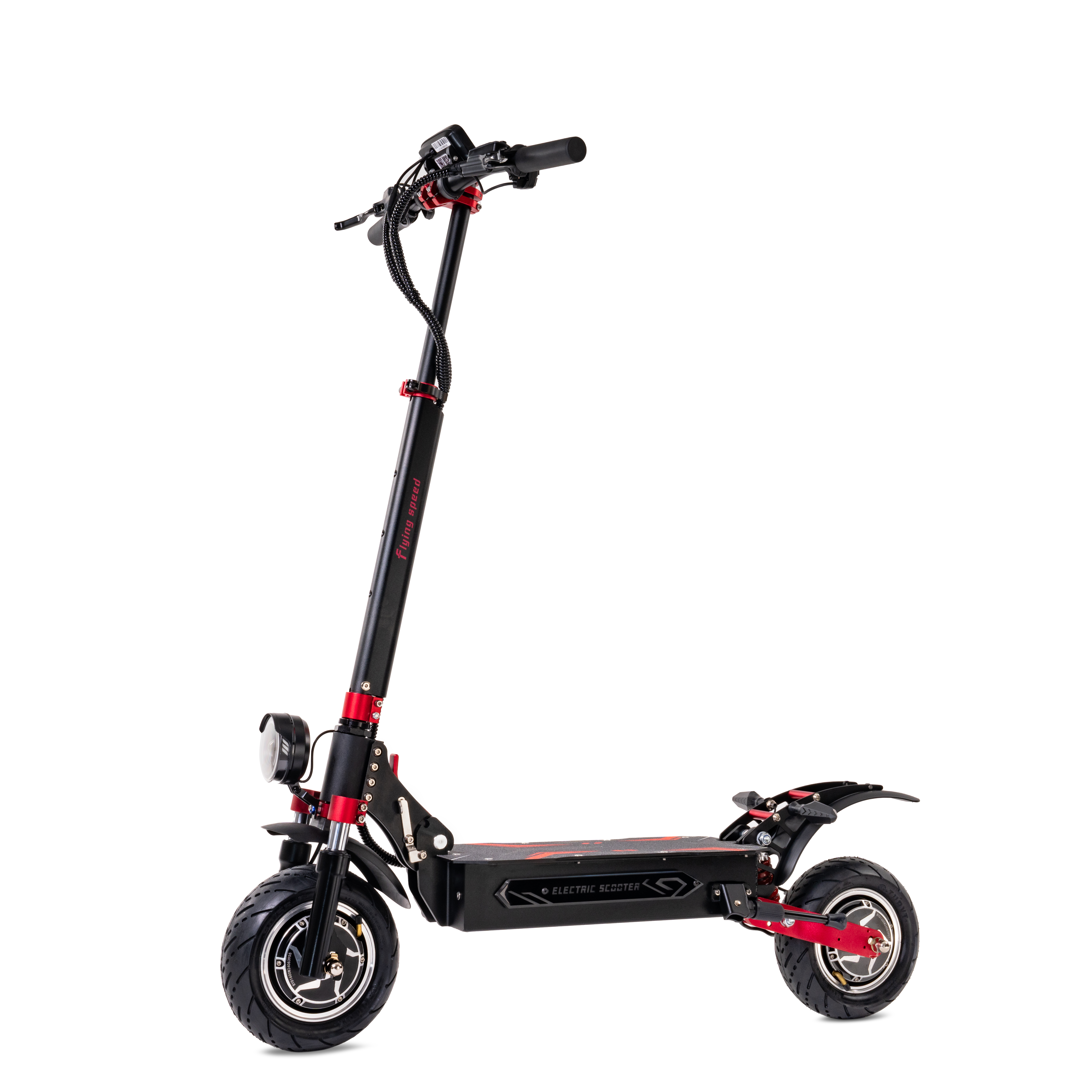 Uno scooter elettrico nero con accenti rossi e pneumatici larghi su sfondo bianco.