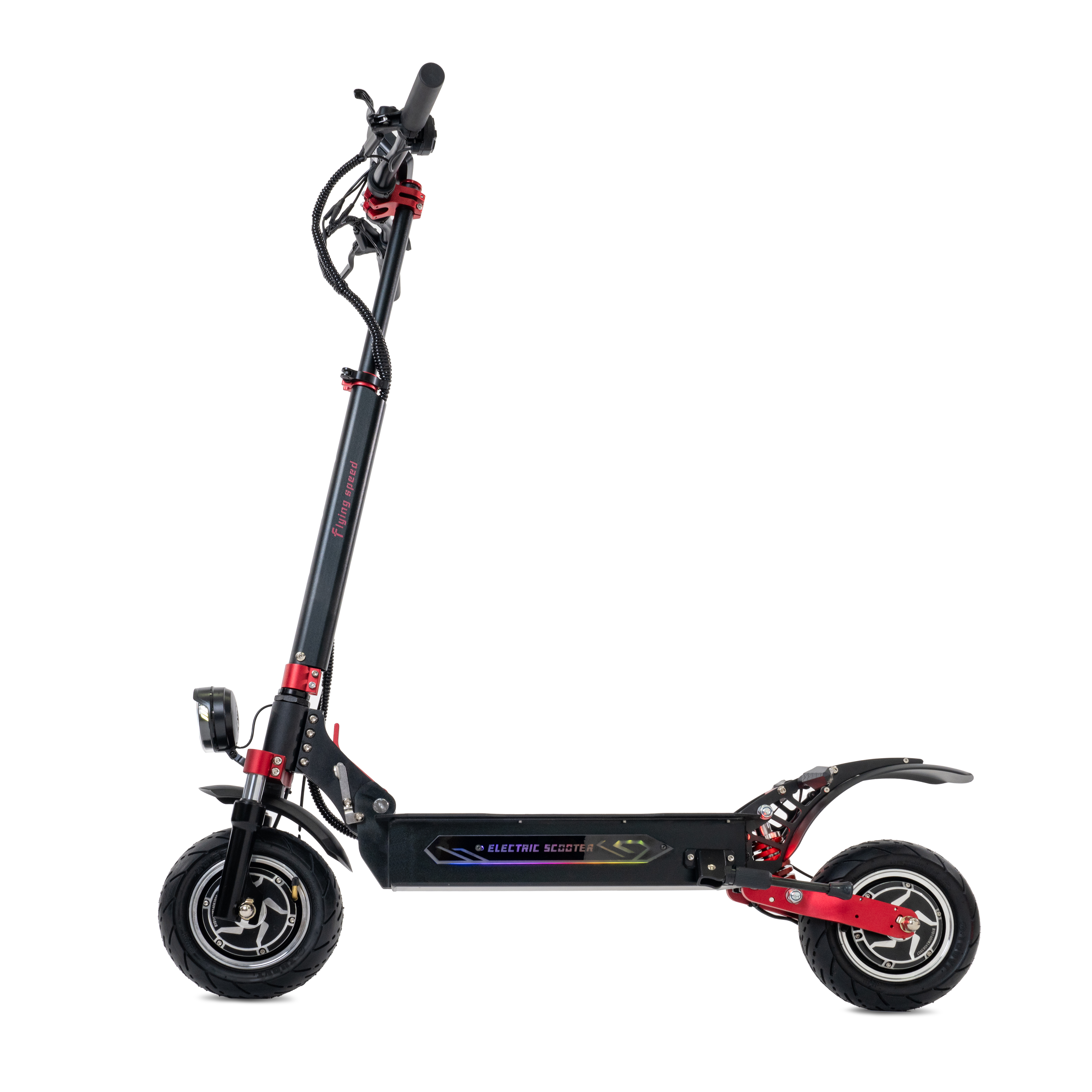 Uno scooter elettrico nero con accenti rossi su sfondo bianco.