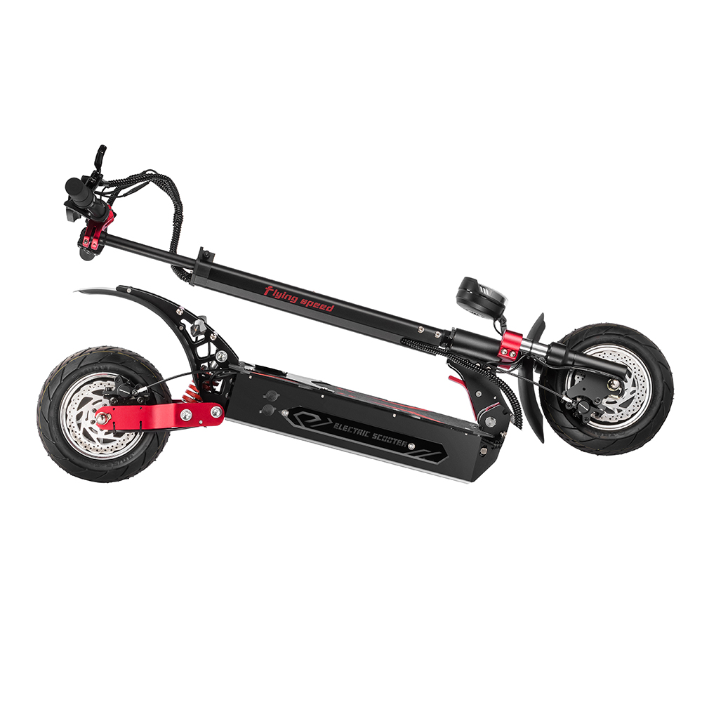 Uno scooter elettrico nero con accenti rossi, mostrato di lato su sfondo bianco.