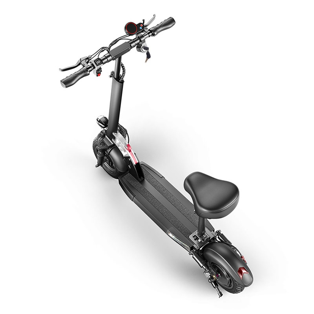 Uno scooter elettrico nero con sedile, visto dall'alto.