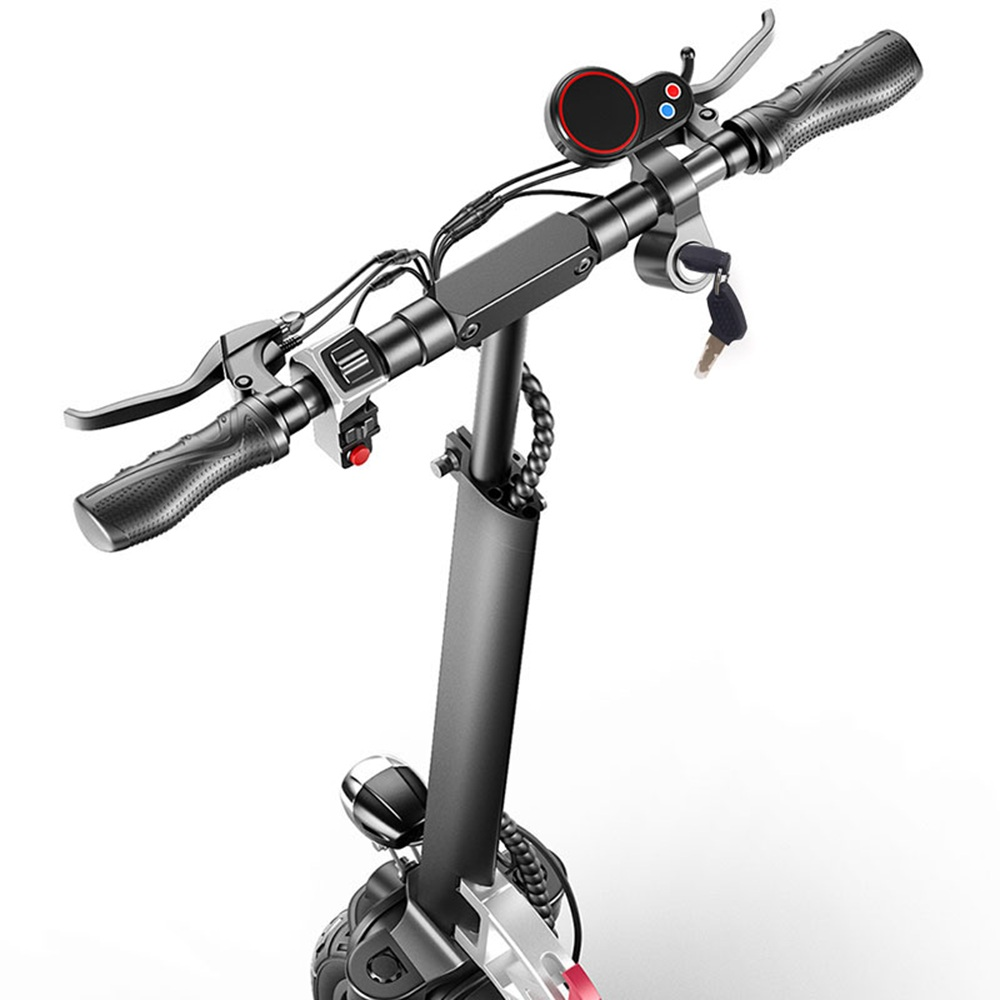 Manubrio di uno scooter elettrico con manopole, freni, display e chiave di accensione.