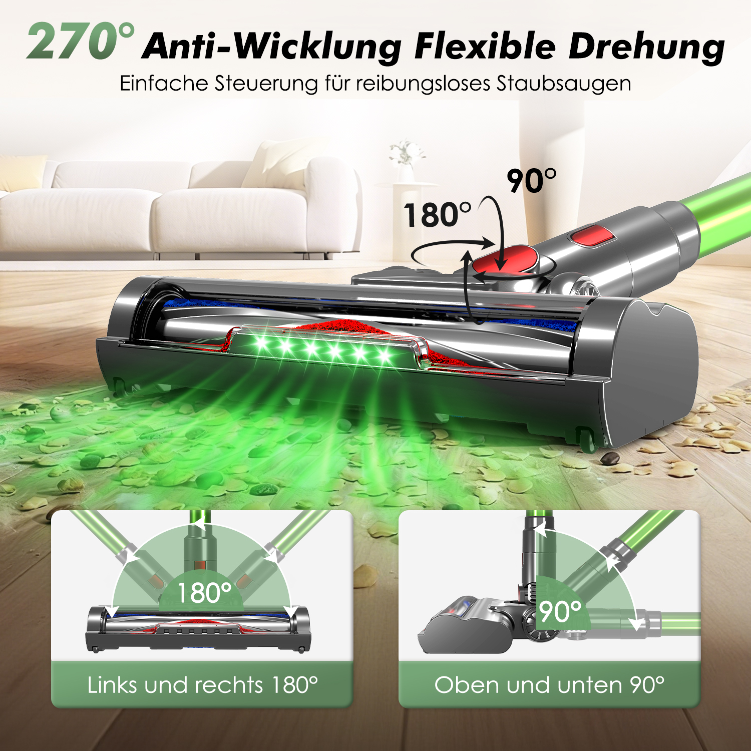 Staubsaugerkopf mit 270° Flexibilität, zeigt 180° und 90° Drehungen.