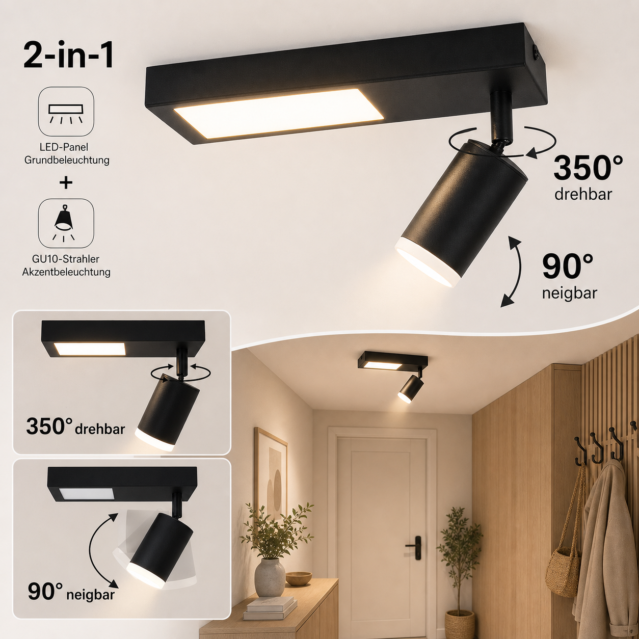 Faretti da soffitto neri con pannello LED e faretti GU10 per illuminazione base e d'accento.