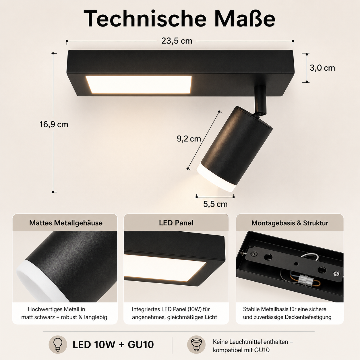 Faretti in metallo nero con dimensioni. Alloggiamento in metallo opaco, pannello LED e base di montaggio.
