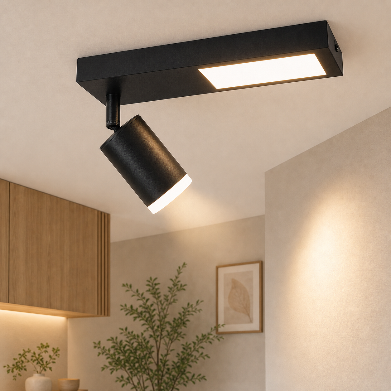 Un faretto da soffitto nero con testa orientabile illumina una parete.