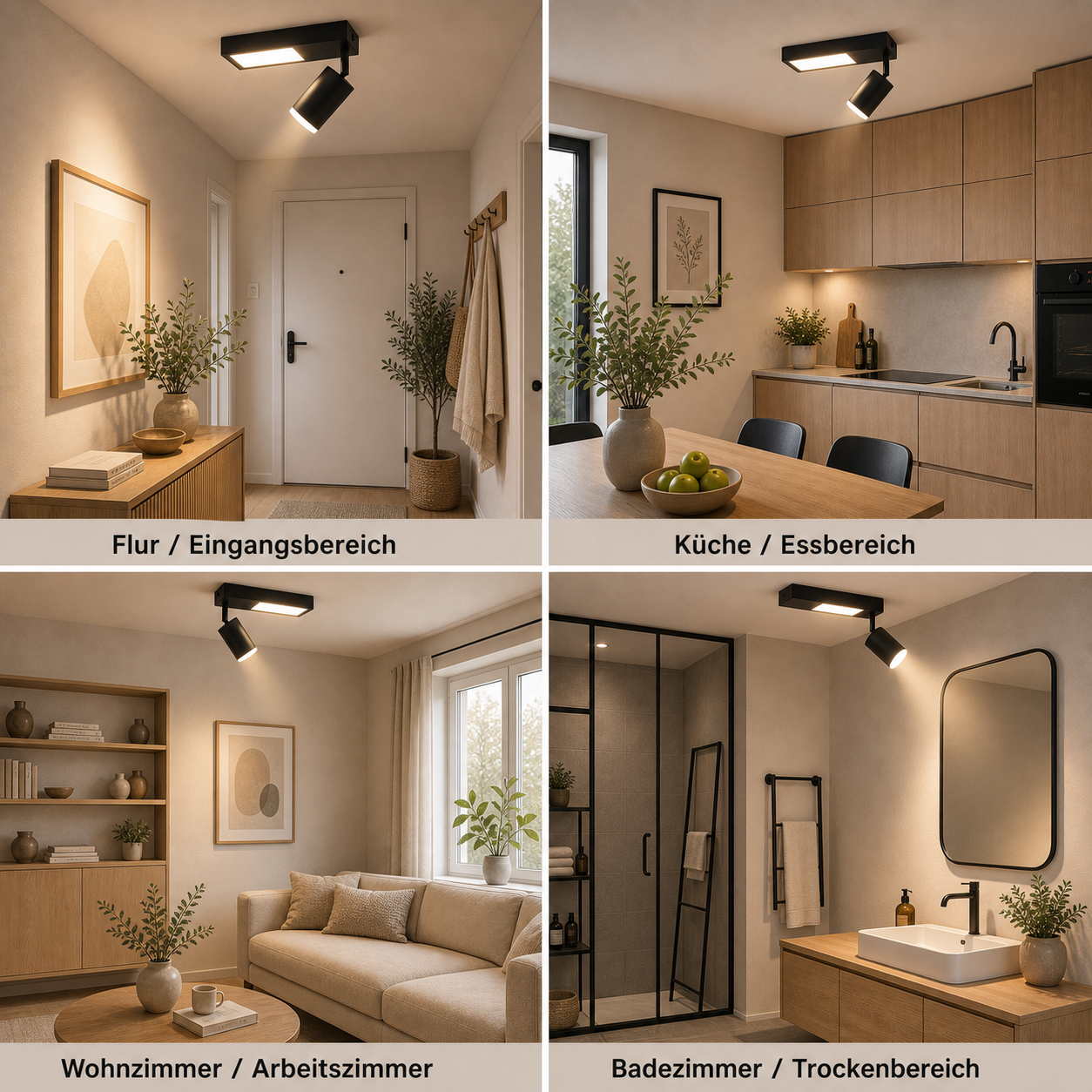 Quattro stanze con lampada da soffitto moderna: Corridoio, cucina, soggiorno, bagno.