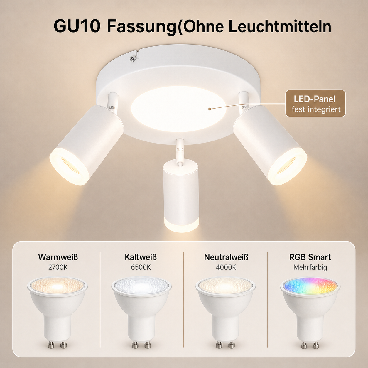 Lampada da soffitto con tre faretti GU10 orientabili e pannello LED integrato.