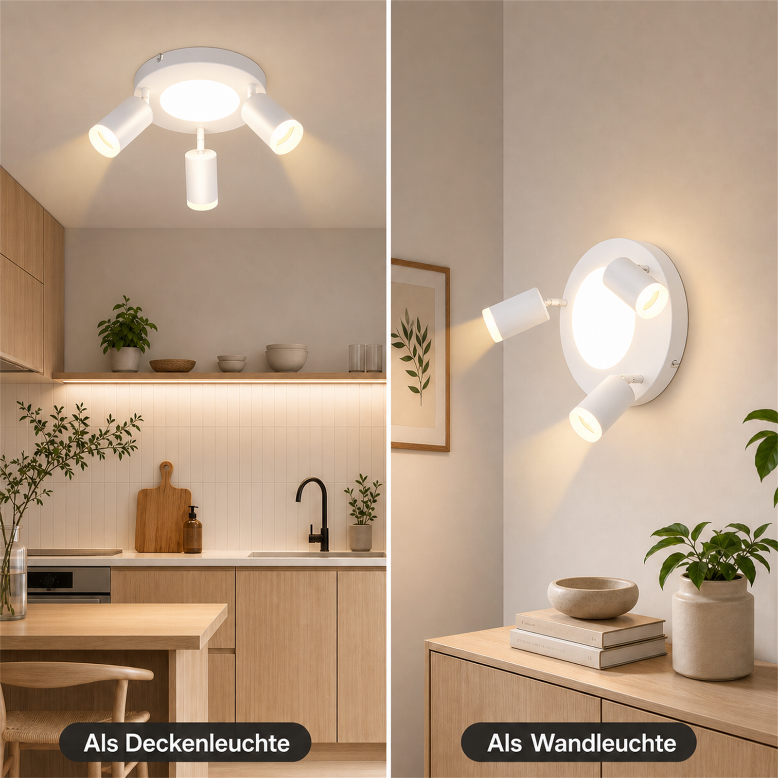 Un moderno faretti da soffitto e uno da parete a tre luci.