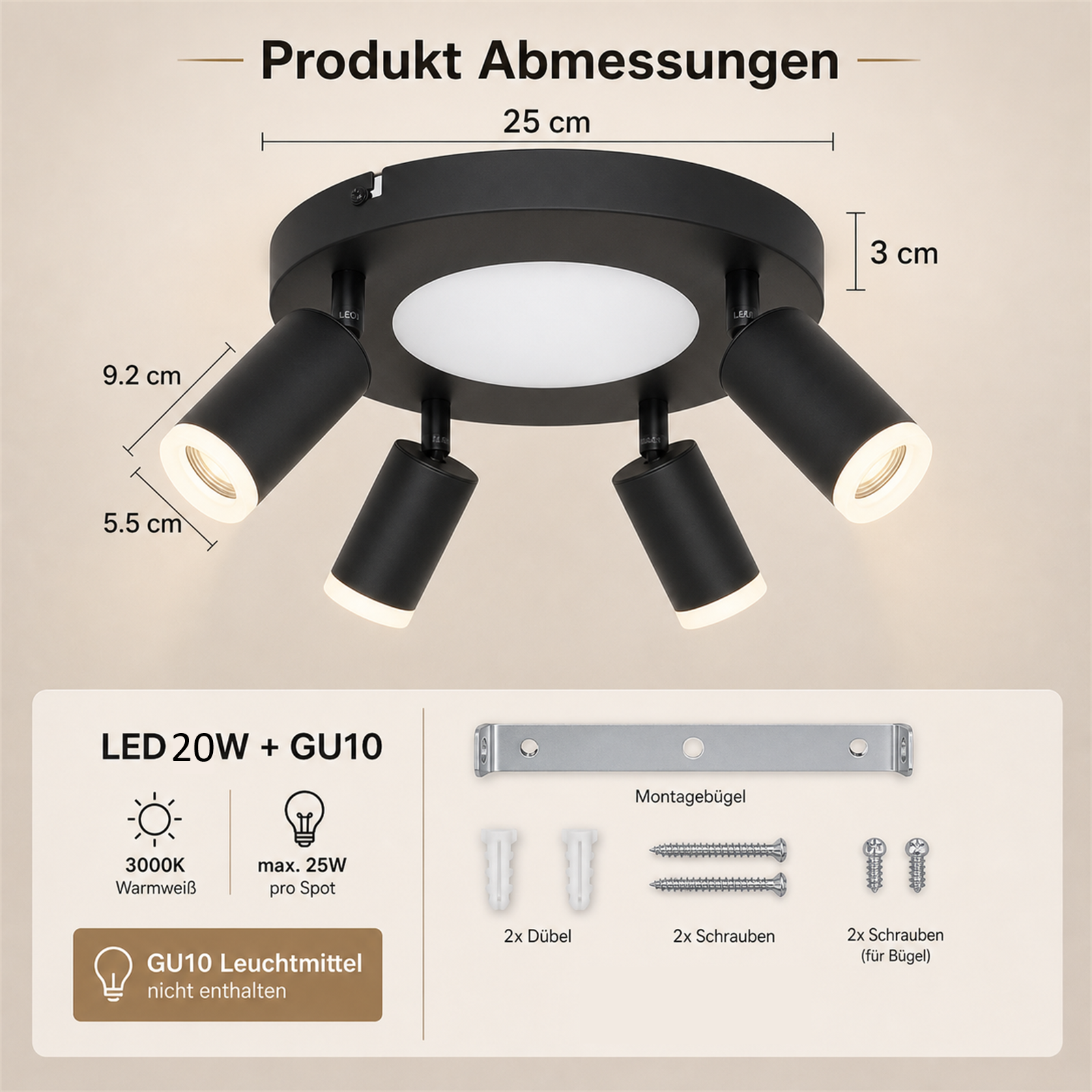 Faretti da soffitto neri con quattro faretti, dimensioni: 25x3cm. Accessori inclusi.