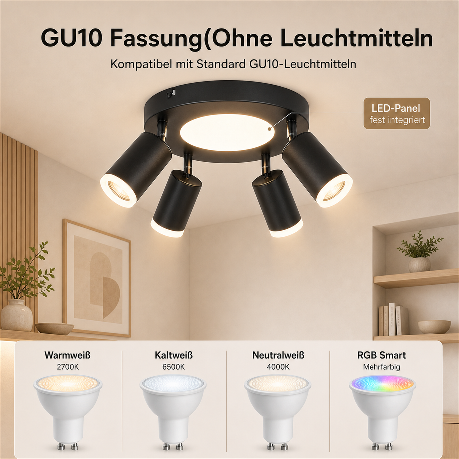 Faretti da soffitto GU10 neri con quattro spot e pannello LED integrato.