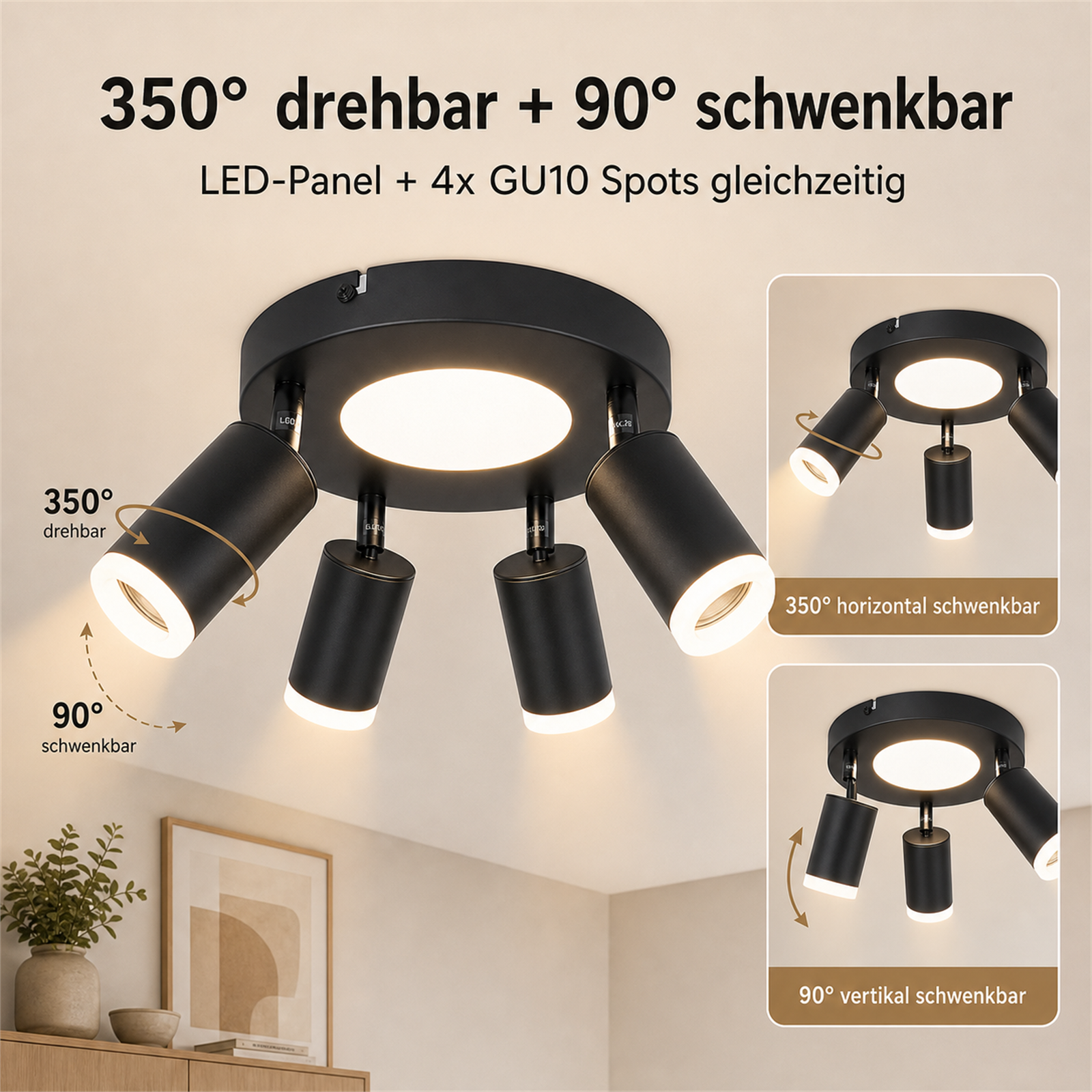 Plafoniera nera con 4 faretti GU10 orientabili e pannello LED centrale.