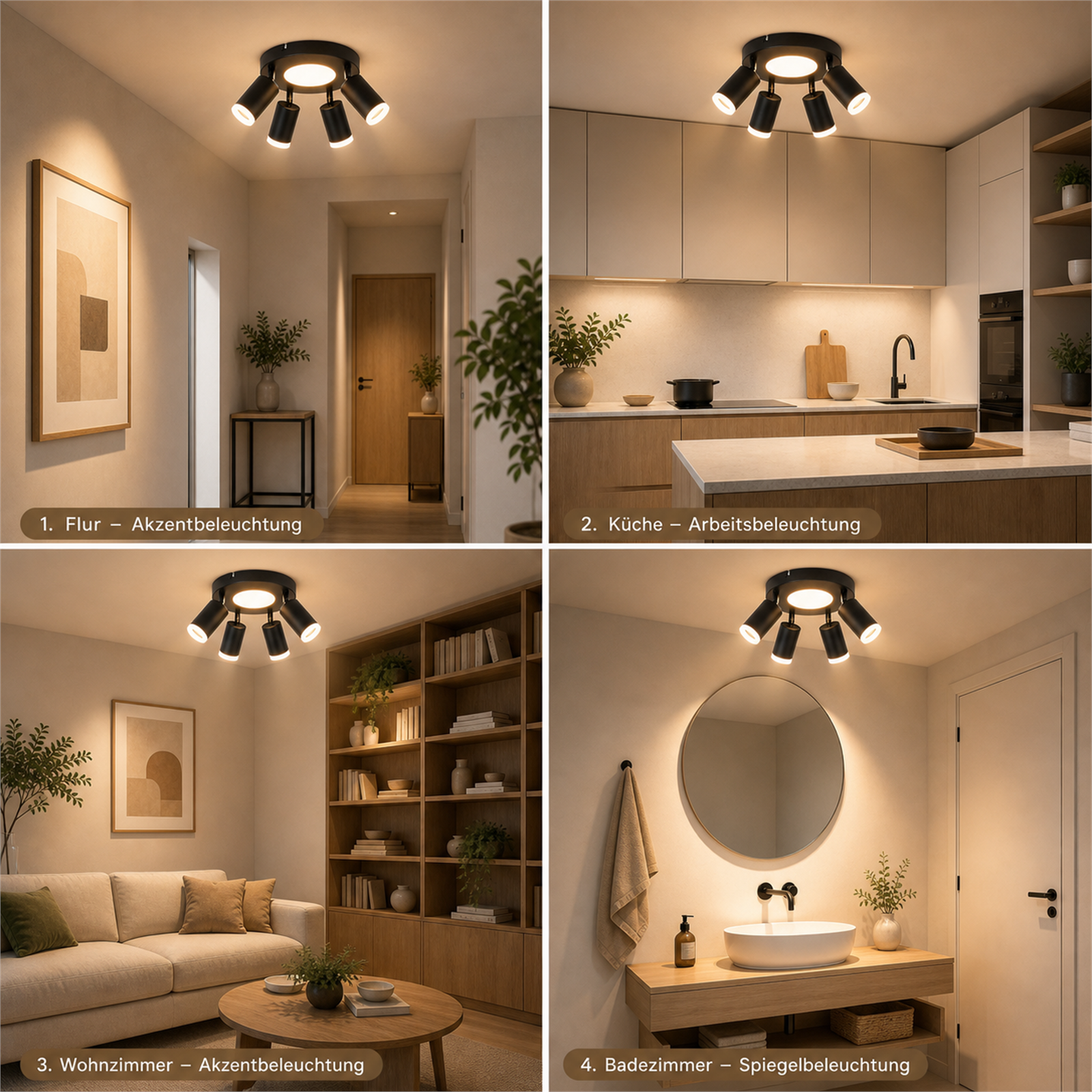 Vier Szenen mit Deckenleuchten: Flur, Küche, Wohnzimmer, Badezimmer.