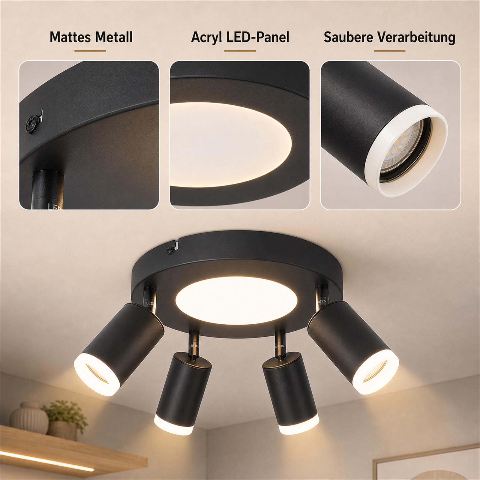 Faretti da soffitto neri con quattro spot orientabili e pannello centrale LED acrilico.