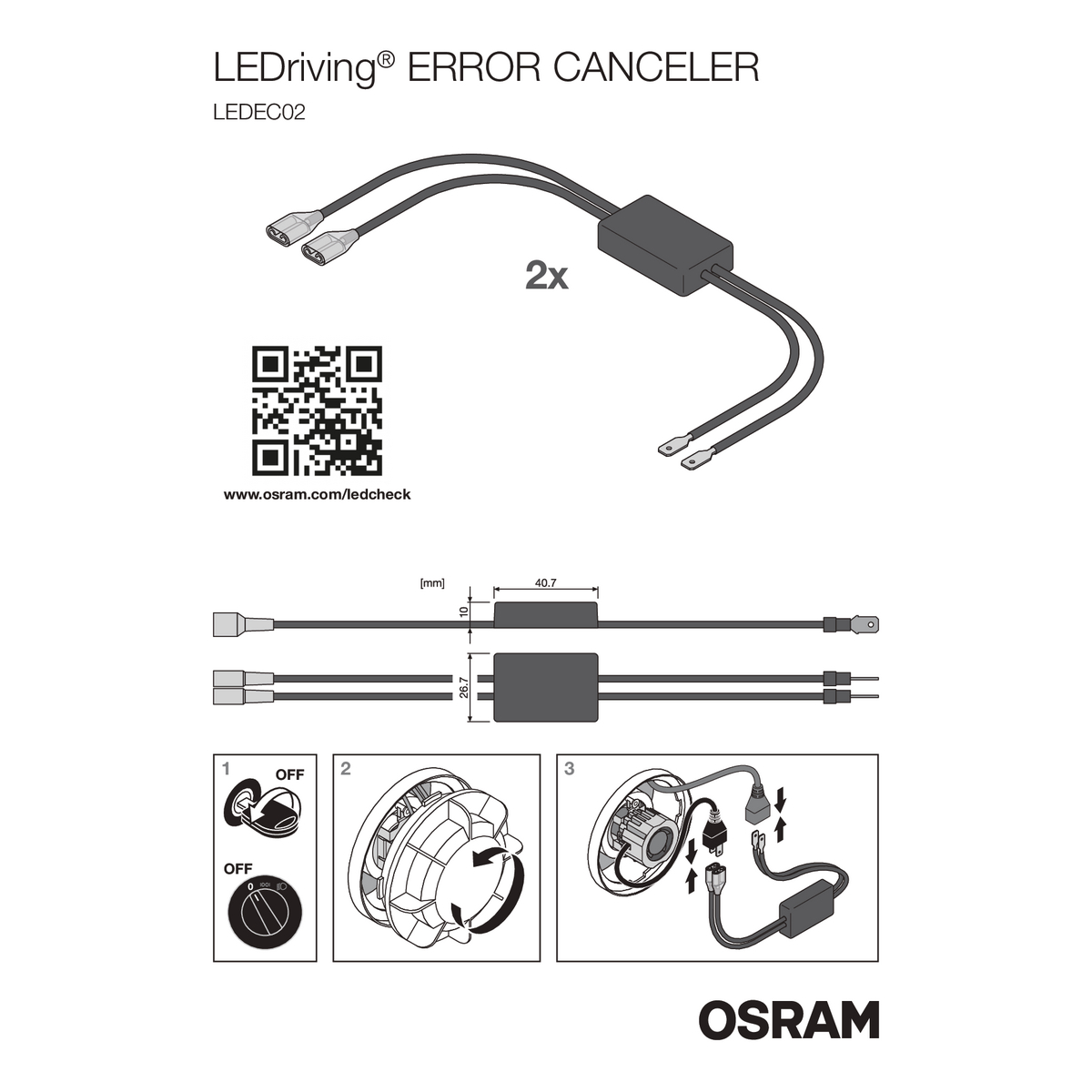 Diagramm eines LEDriving Error Cancelers mit Maßen und Installationsschritten.