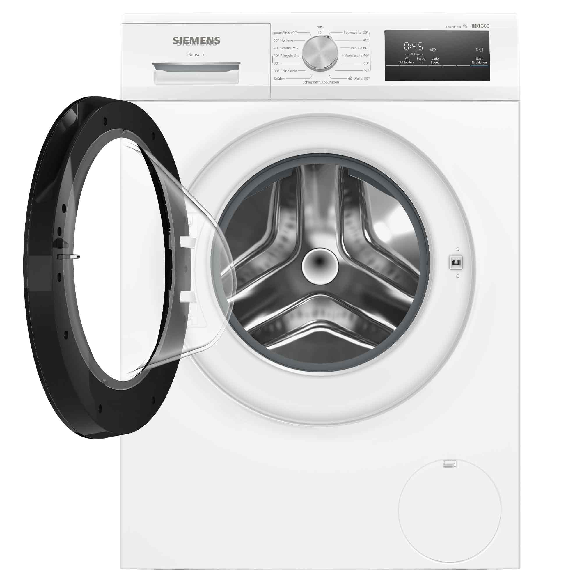 Eine weiße Siemens Waschmaschine mit geöffneter Tür und silberner Trommel.