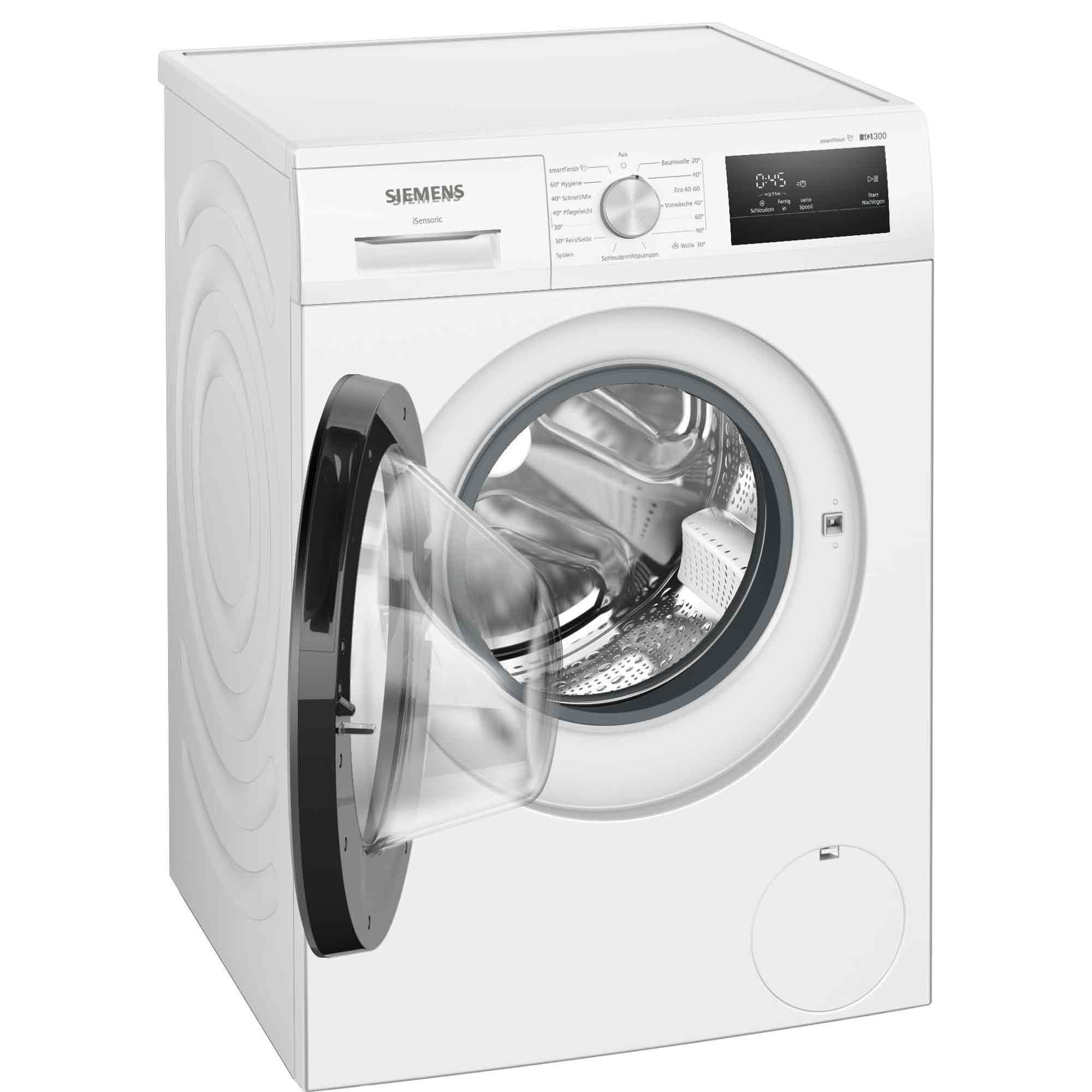 Weiße Siemens Waschmaschine mit offener Tür, Trommel sichtbar, Bedienfeld.