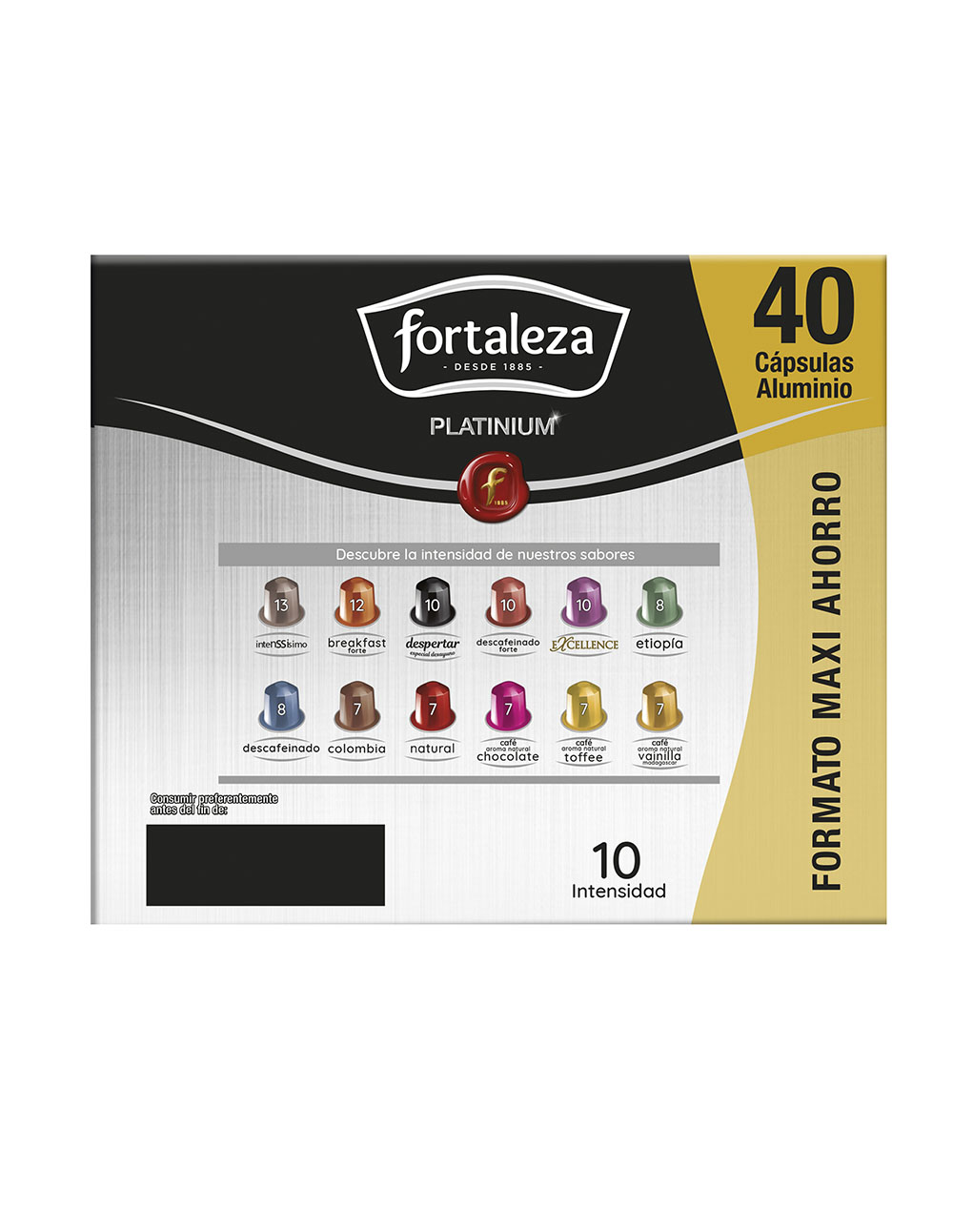 Cápsulas de Café Fortaleza Platinum, 40 unidades, intensidades variadas.
