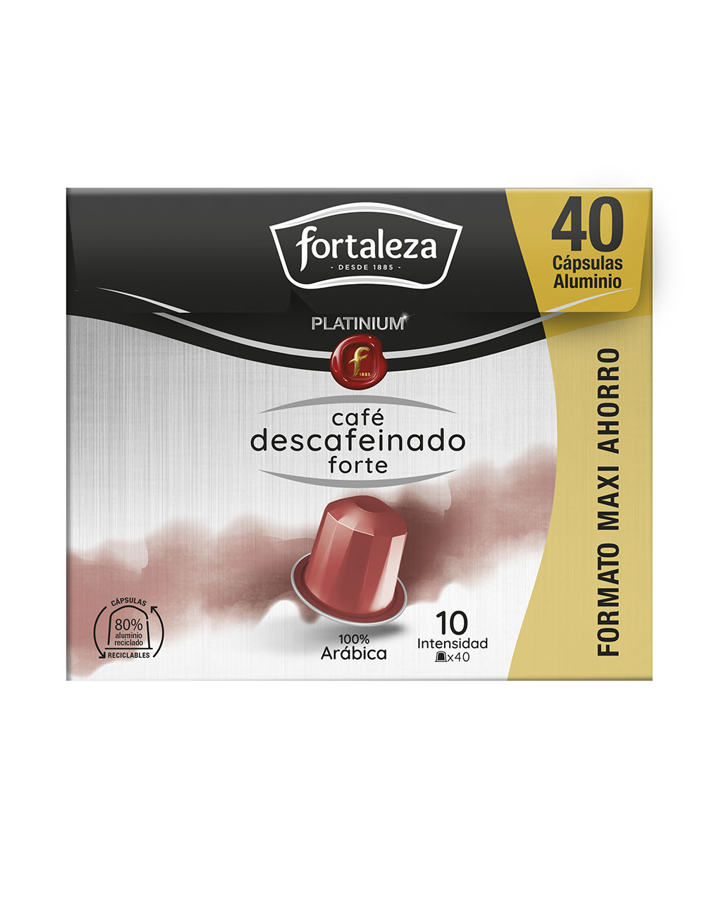Caja de 40 cápsulas de café descafeinado Fortaleza Platinium.