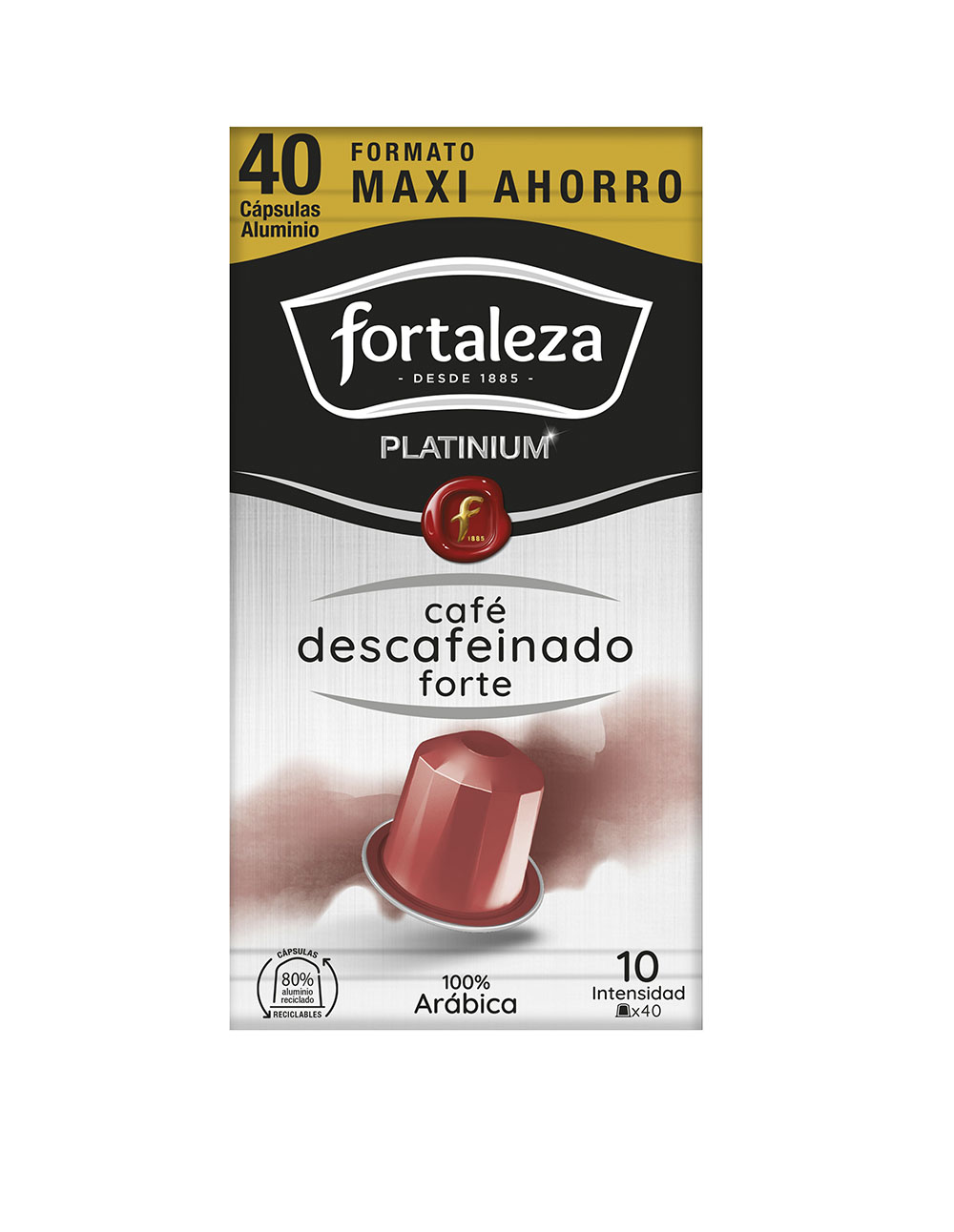 Paquete de 40 cápsulas descafeinadas Fortaleza Platinium, 100% Arábica.
