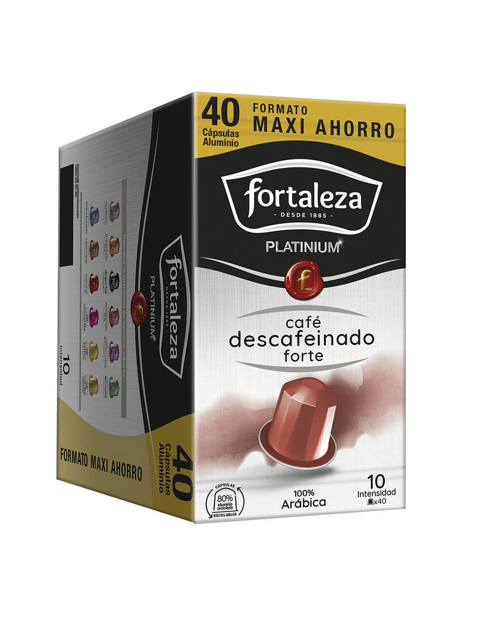 Cápsulas de café Fortaleza, formato ahorro maxi, 40 unidades, descafeinado.