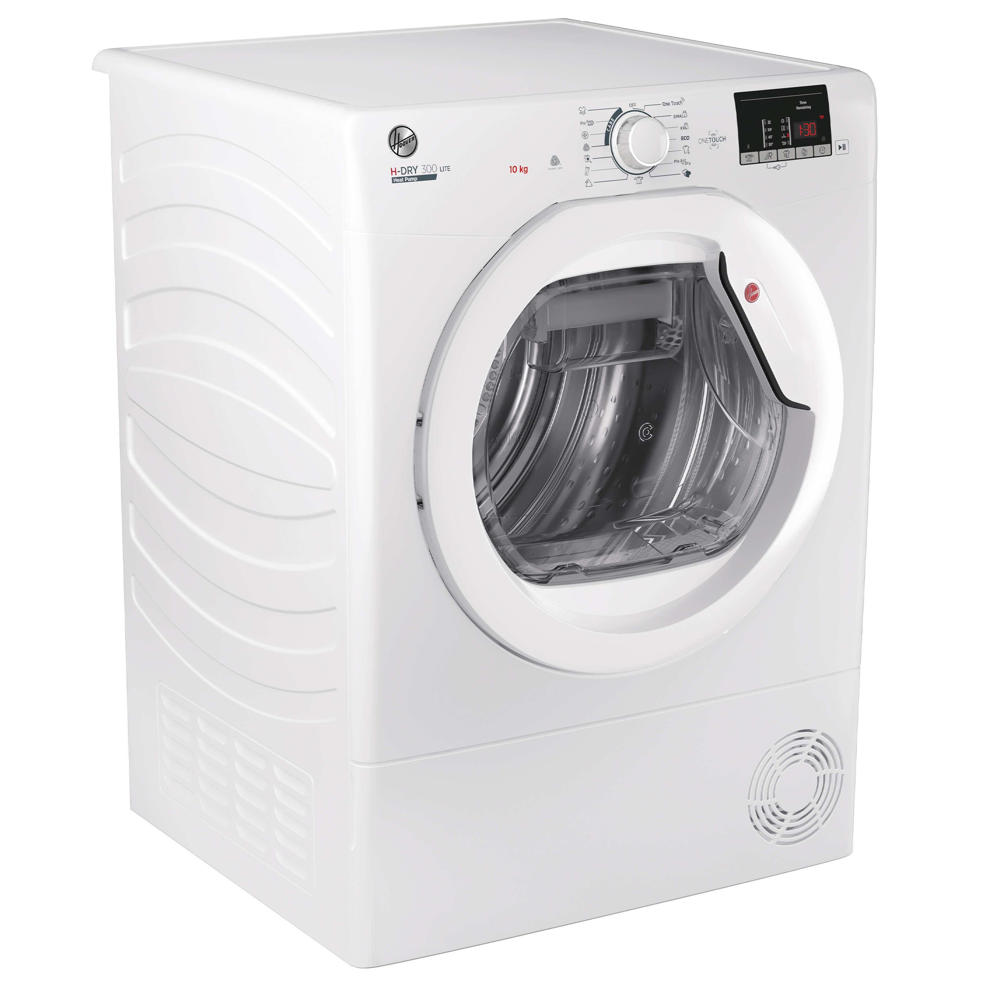 Eine weiße Hoover-Wärmepumpen-Wäschetrockner-Maschine mit digitalem Display und Bedienelementen.