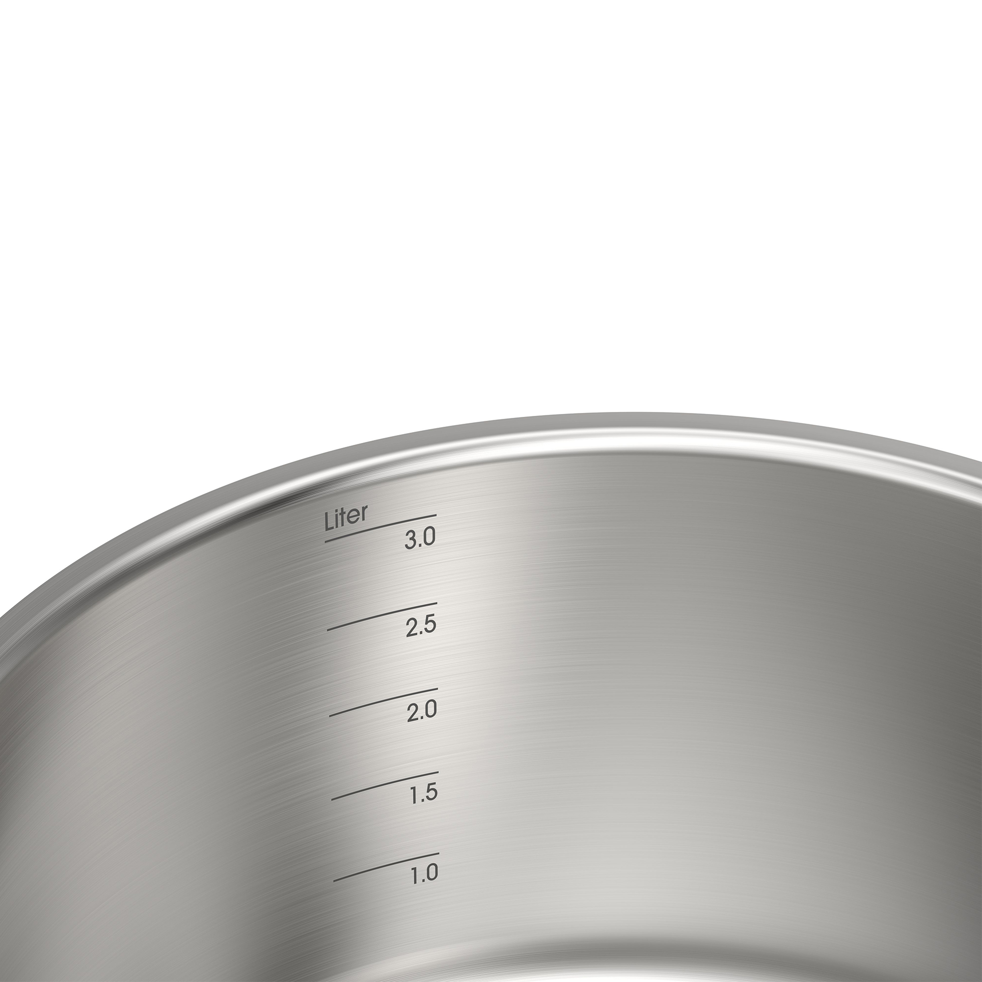 Edelstahltopf mit Liter-Markierungen: 1.0, 1.5, 2.0, 2.5, 3.0.