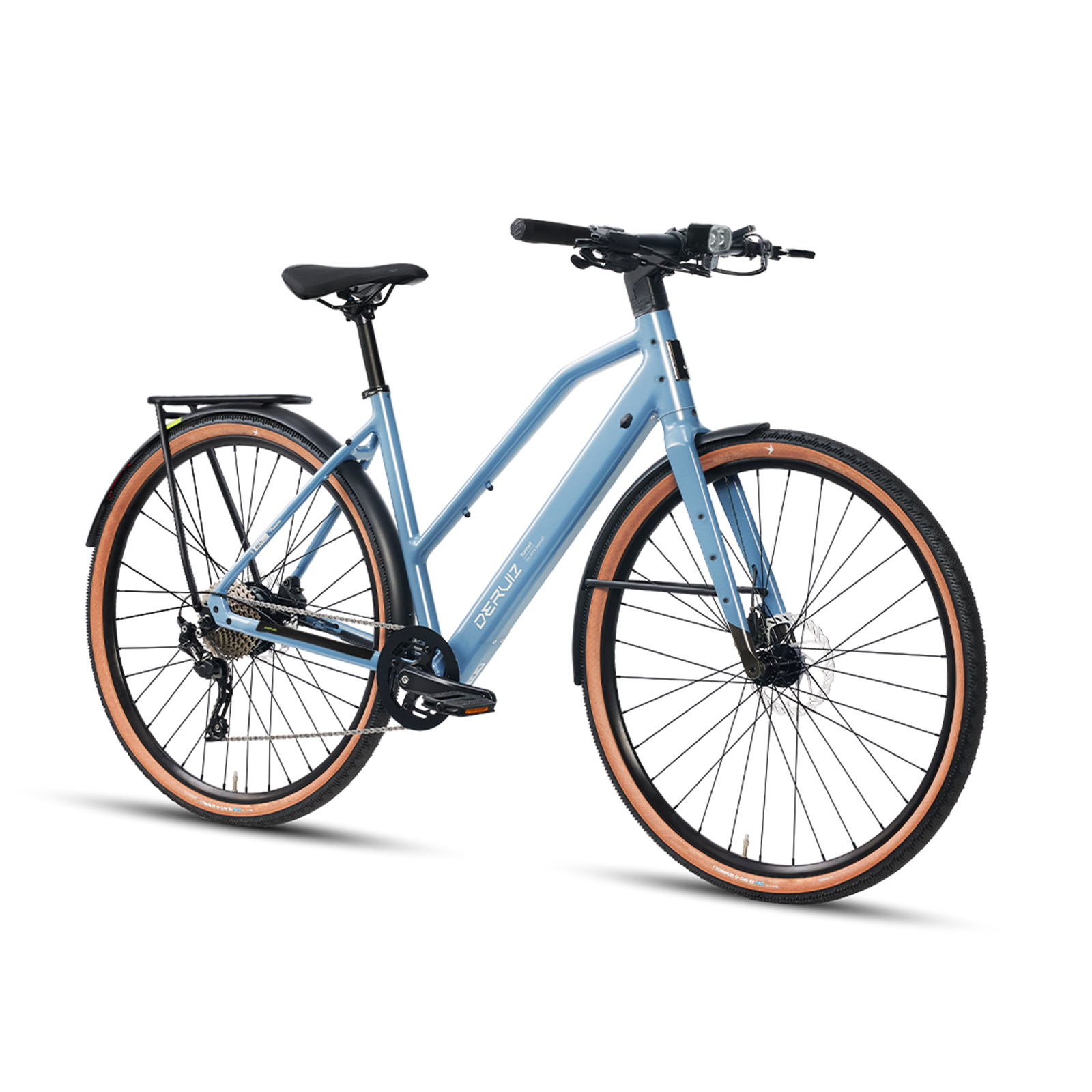 Ein hellblaues Fahrrad mit braunen Reifen und schwarzem Gepäckträger.