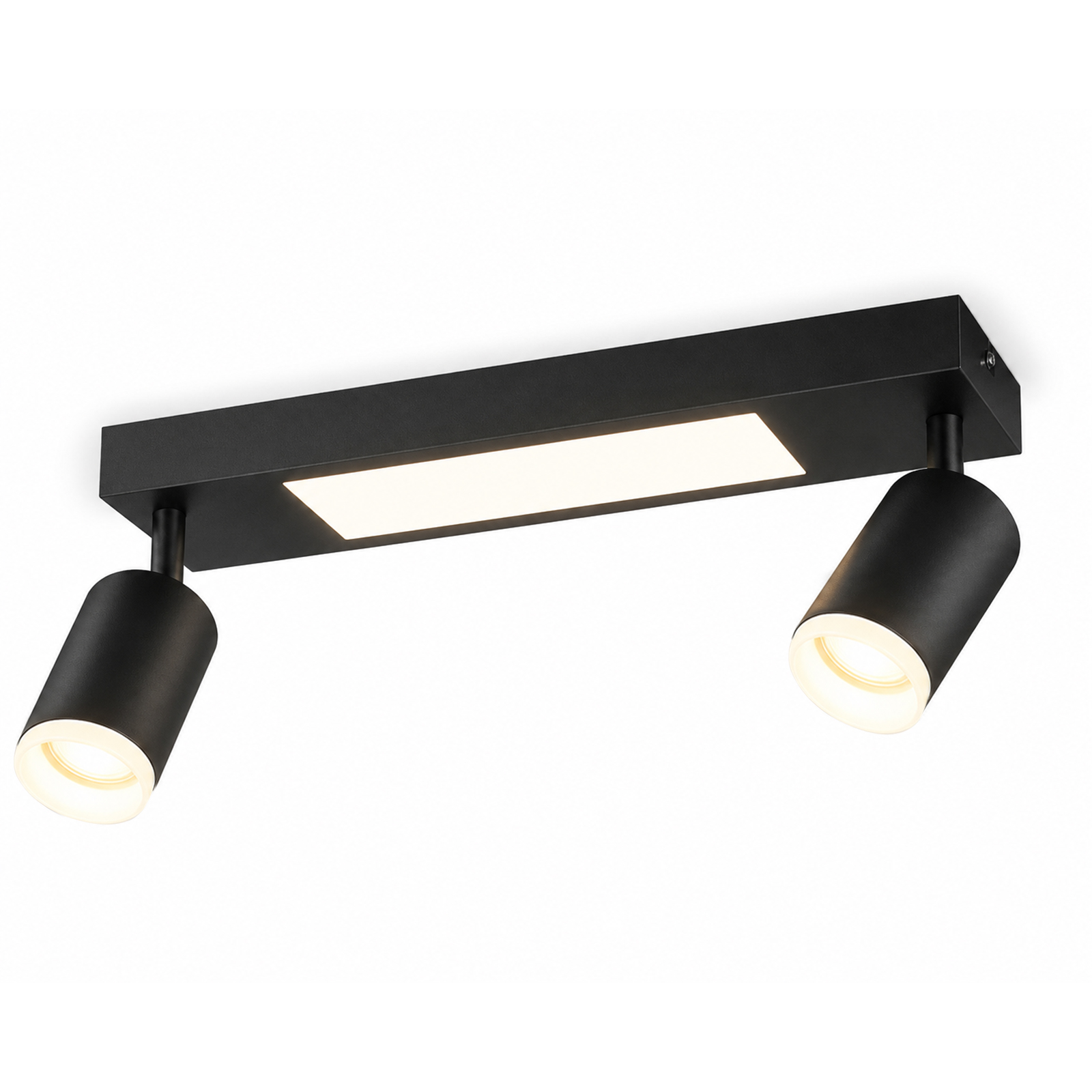 Faretti da soffitto neri con due spot orientabili e una luce LED centrale.