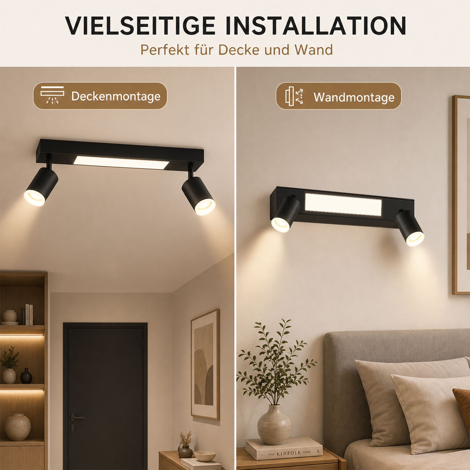 Plafoniera nera con faretti regolabili, mostrata per montaggio a soffitto e parete.