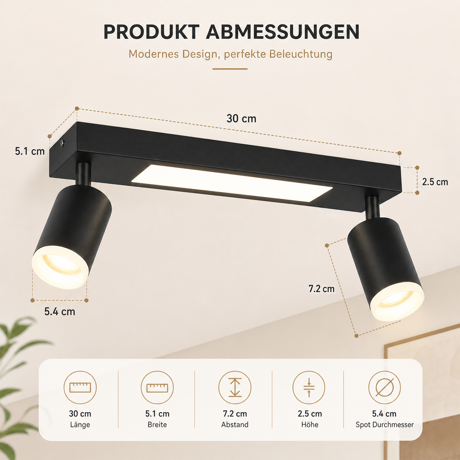 Faretti da soffitto neri con dimensioni: 30cm L, 5.1cm P, 7.2cm dist, 2.5cm A, 5.4cm spot D.