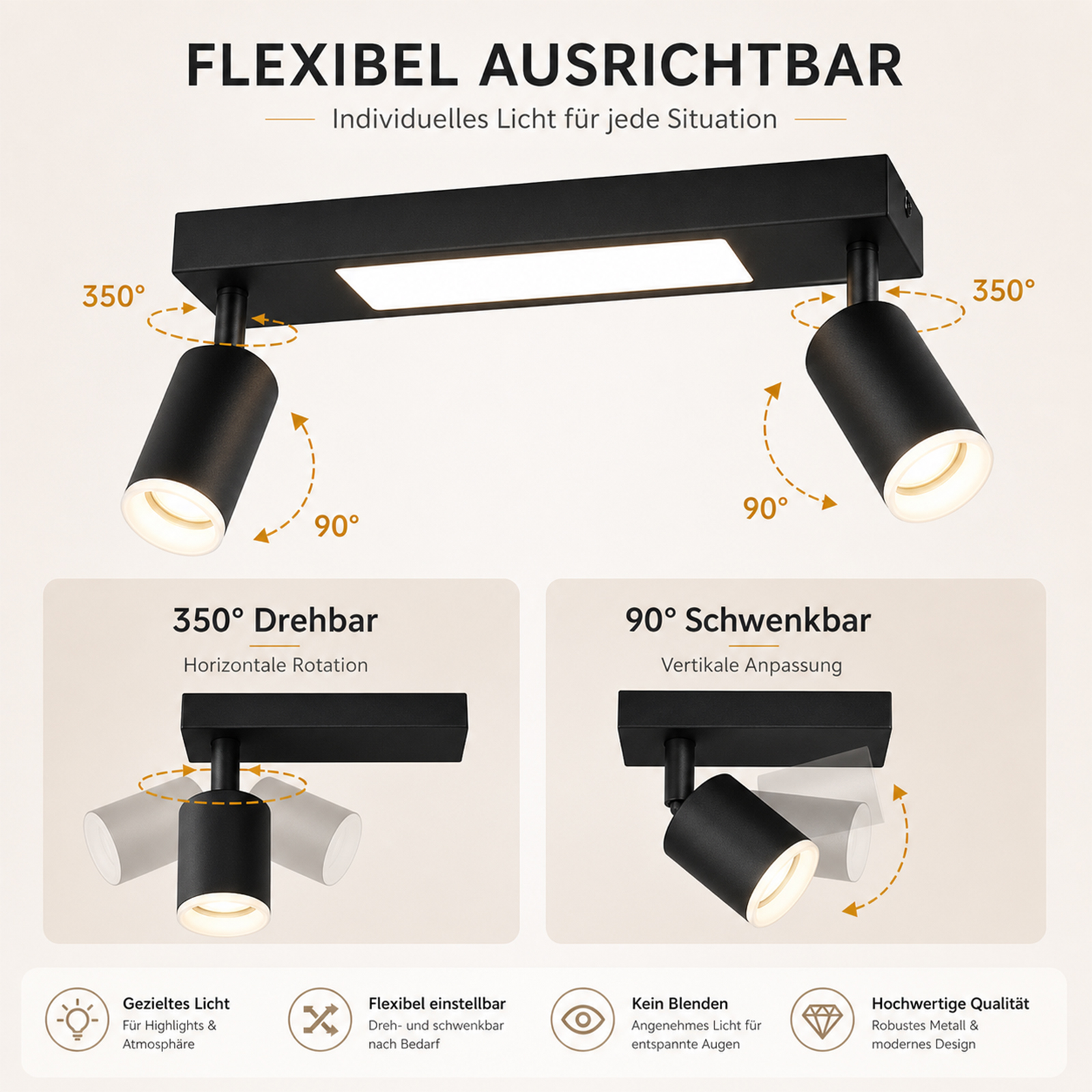 Un faretto da soffitto nero con due faretti regolabili, ruotabile di 350° in orizzontale e 90° in verticale.