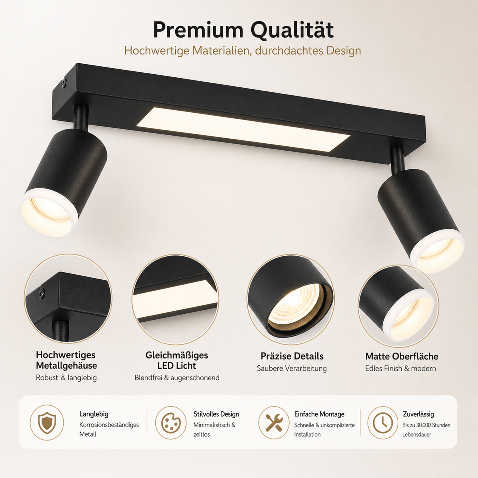 Faretti da soffitto neri con tre faretti orientabili e pannello LED integrato.