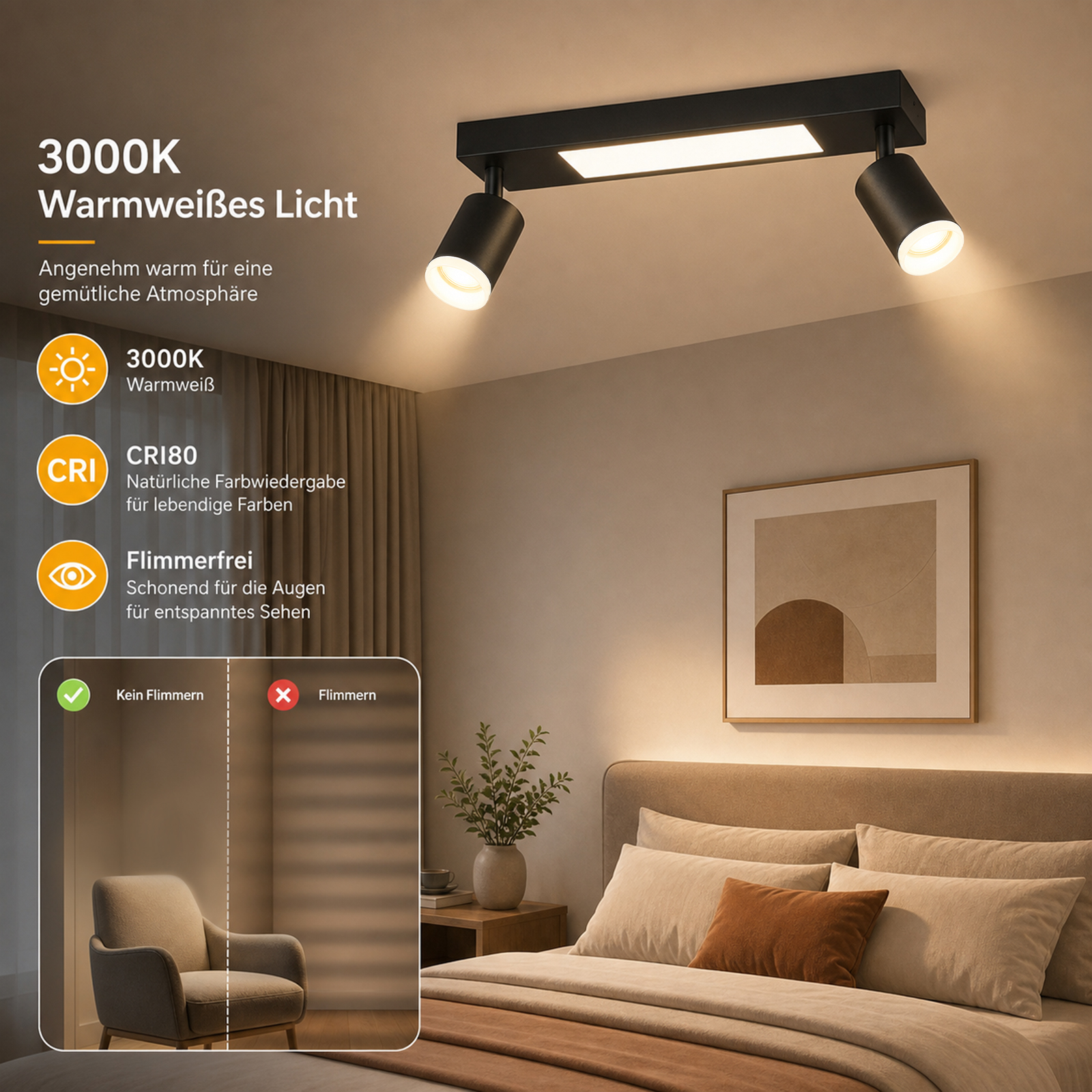 Una camera da letto con faretti da soffitto neri che emettono luce calda.