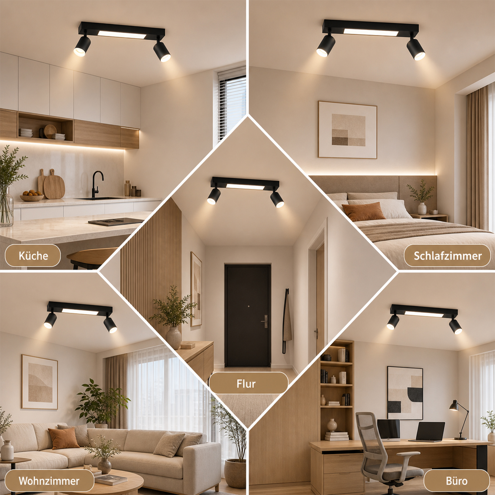Collage di stanze: cucina, corridoio, camera da letto, soggiorno, ufficio. Luci mostrate.