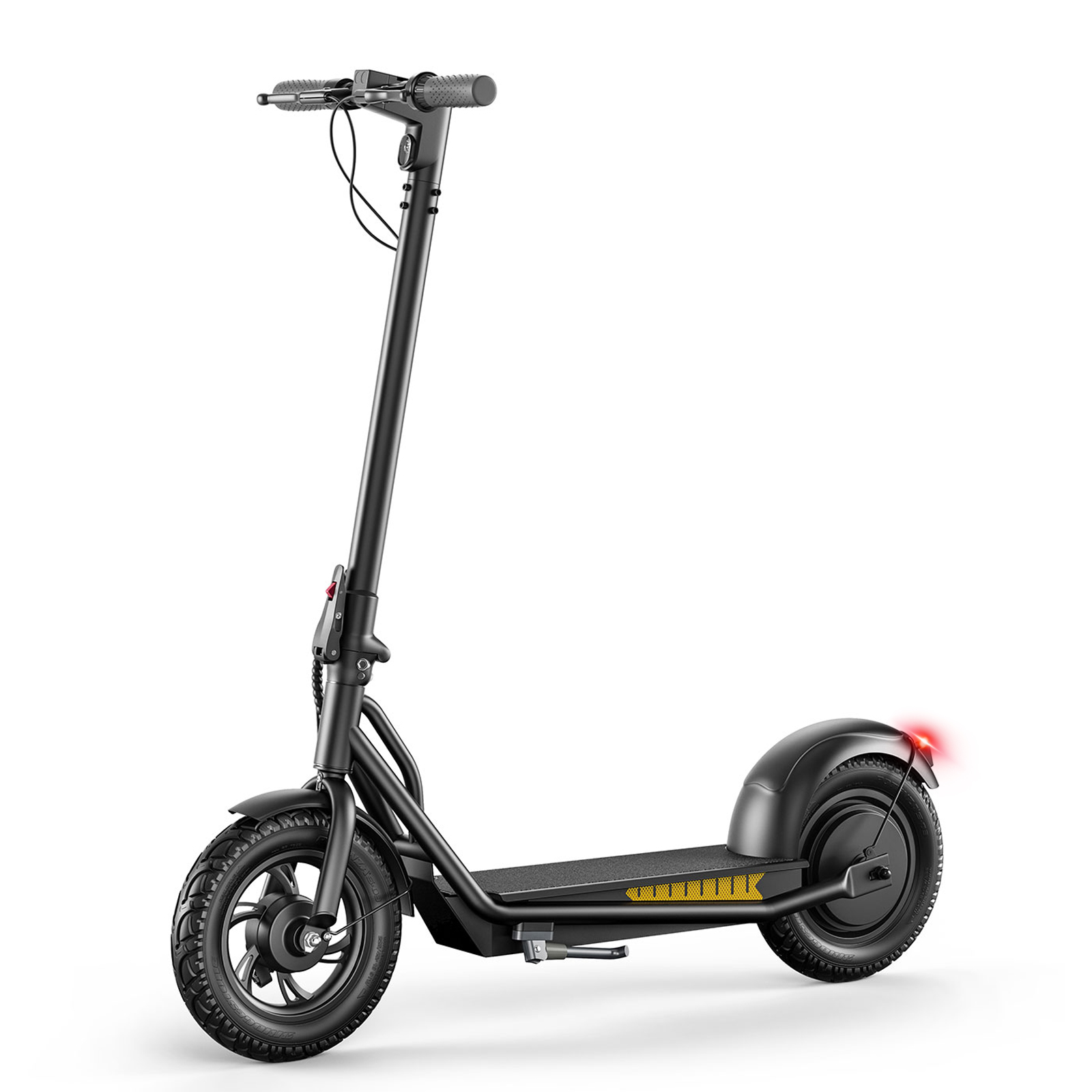Uno scooter elettrico nero con ruote grandi e fanale posteriore rosso.